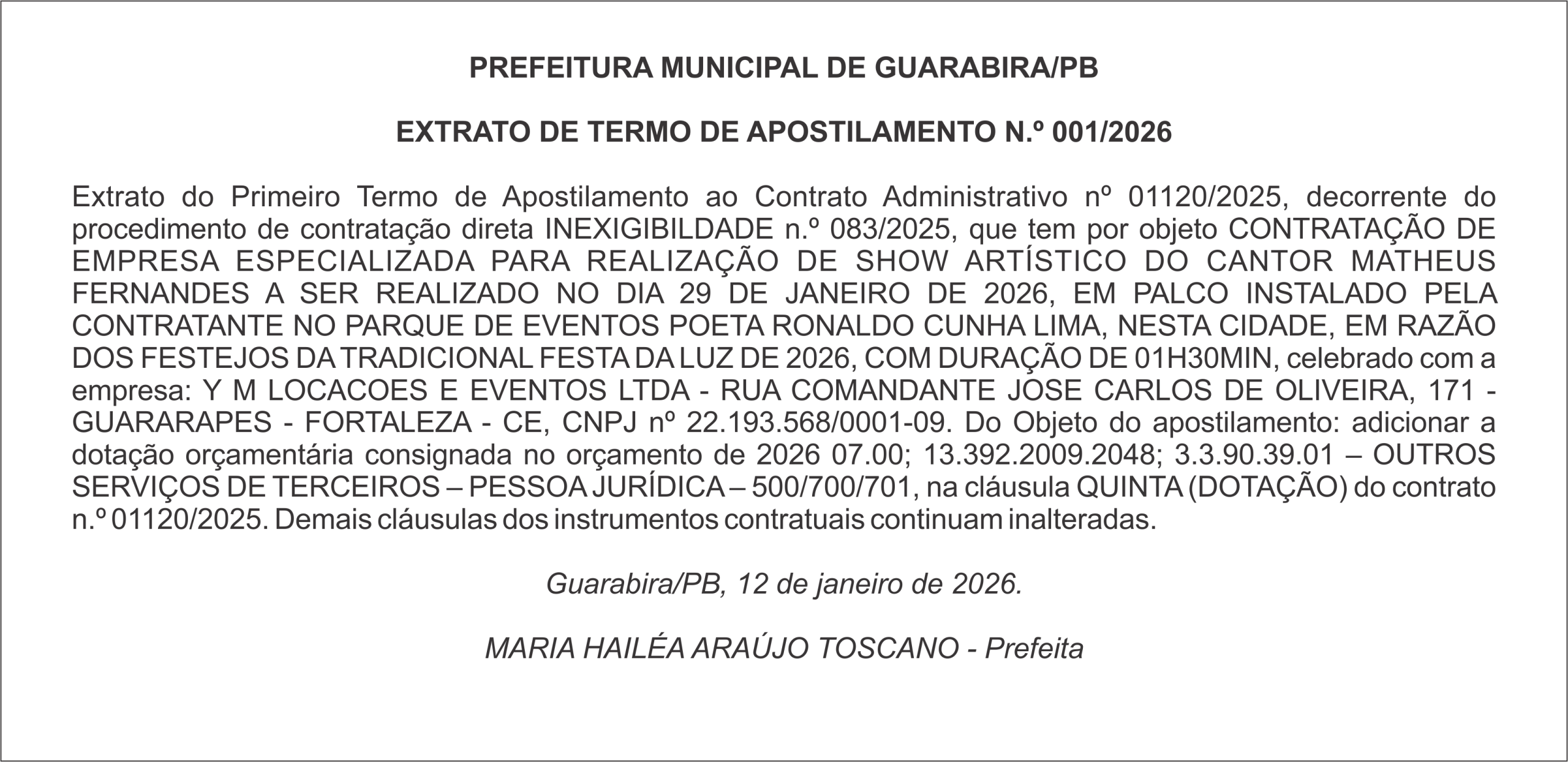PREFEITURA MUNICIPAL DE GUARABIRA/PB – EXTRATO DE TERMO DE APOSTILAMENTO