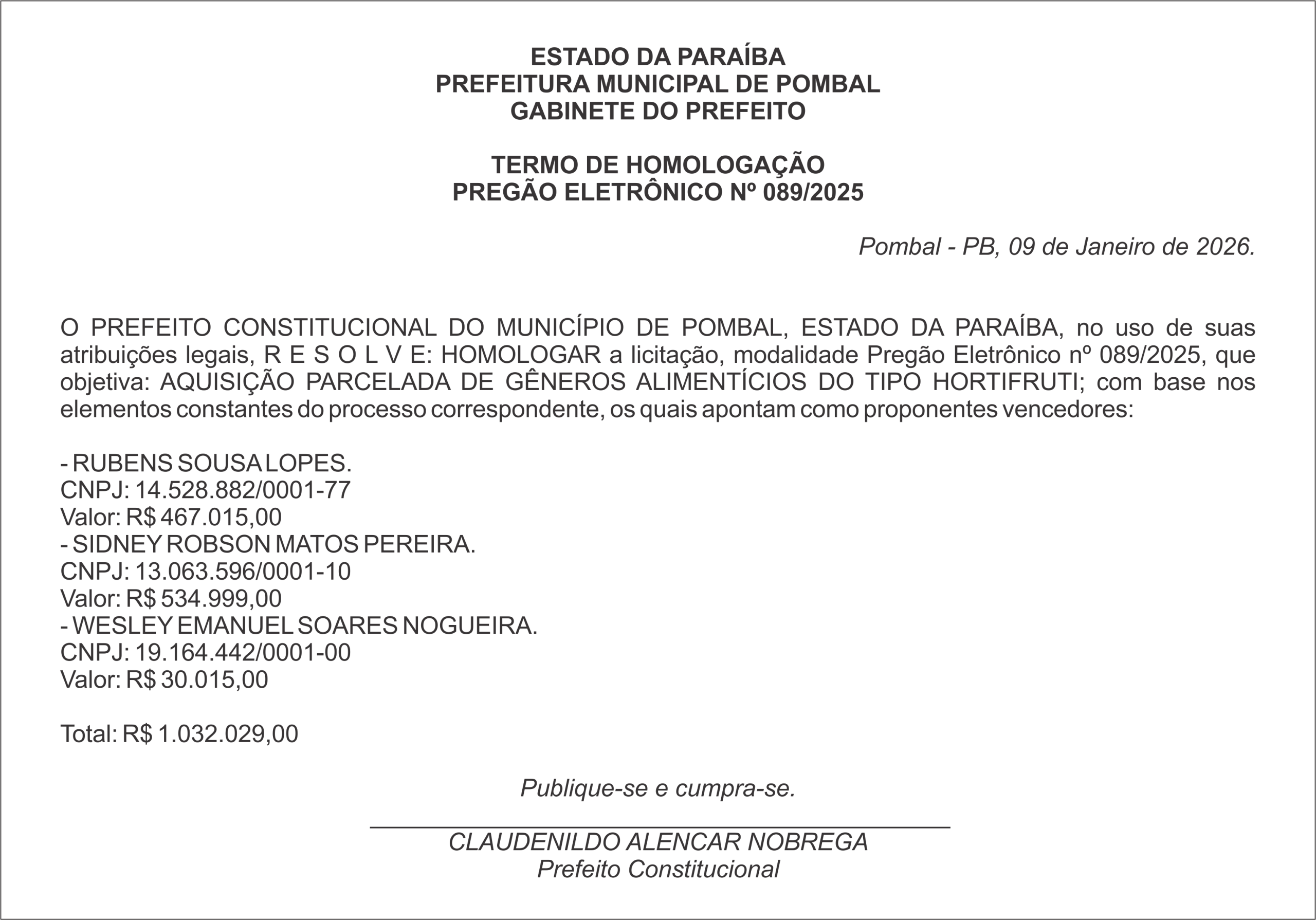 PREFEITURA MUNICIPAL DE POMBAL – TERMO DE HOMOLOGAÇÃO – PREGÃO ELETRÔNICO Nº 089/2025