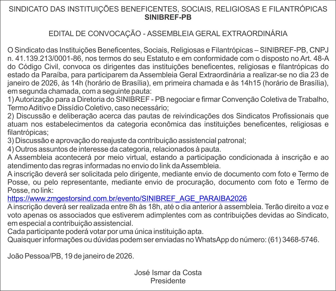 SINIBREF-PB – EDITAL DE CONVOCAÇÃO – ASSEMBLEIA GERAL EXTRAORDINÁRIA