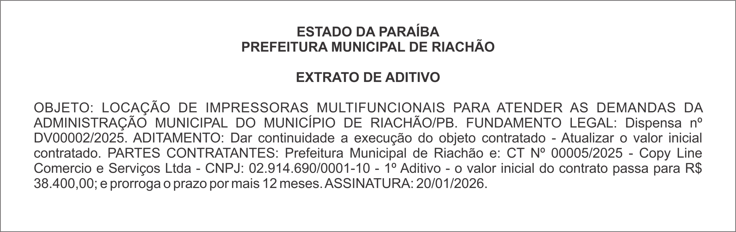 PREFEITURA MUNICIPAL DE RIACHÃO – EXTRATO DE ADITIVO