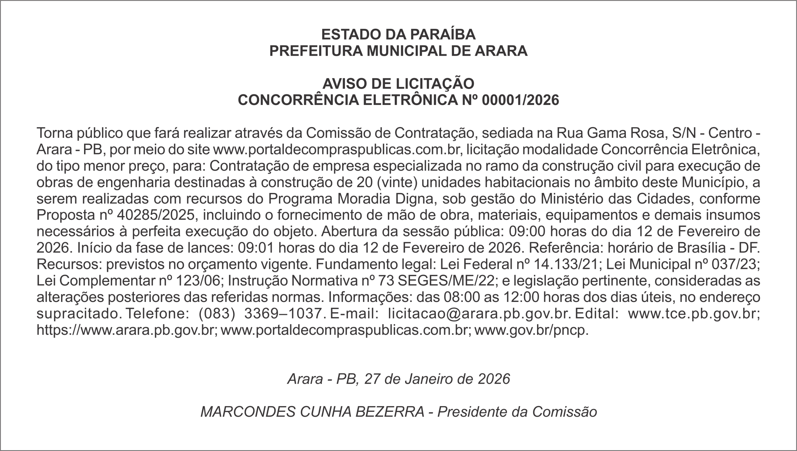 PREFEITURA MUNICIPAL DE ARARA – AVISO DE LICITAÇÃO CONCORRÊNCIA ELETRÔNICA Nº 00001/2026