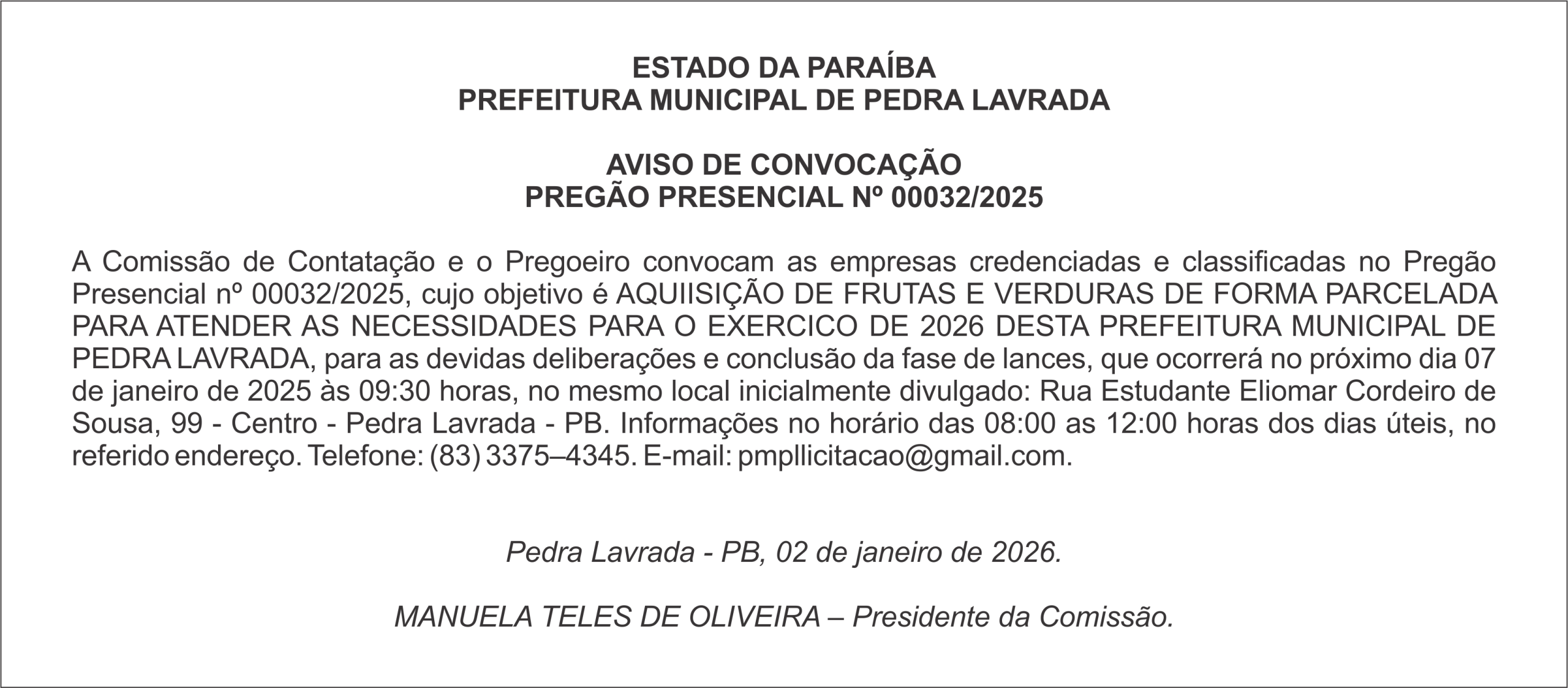 PREFEITURA MUNICIPAL DE PEDRA LAVRADA – AVISO DE CONVOCAÇÃO PREGÃO PRESENCIAL Nº 00032/2025