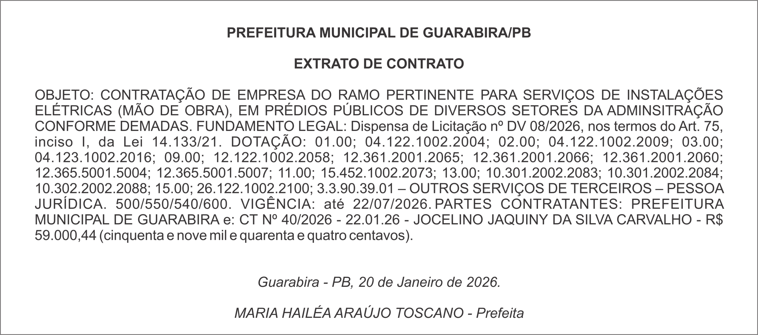 PREFEITURA MUNICIPAL DE GUARABIRA/PB – EXTRATO DE CONTRATO