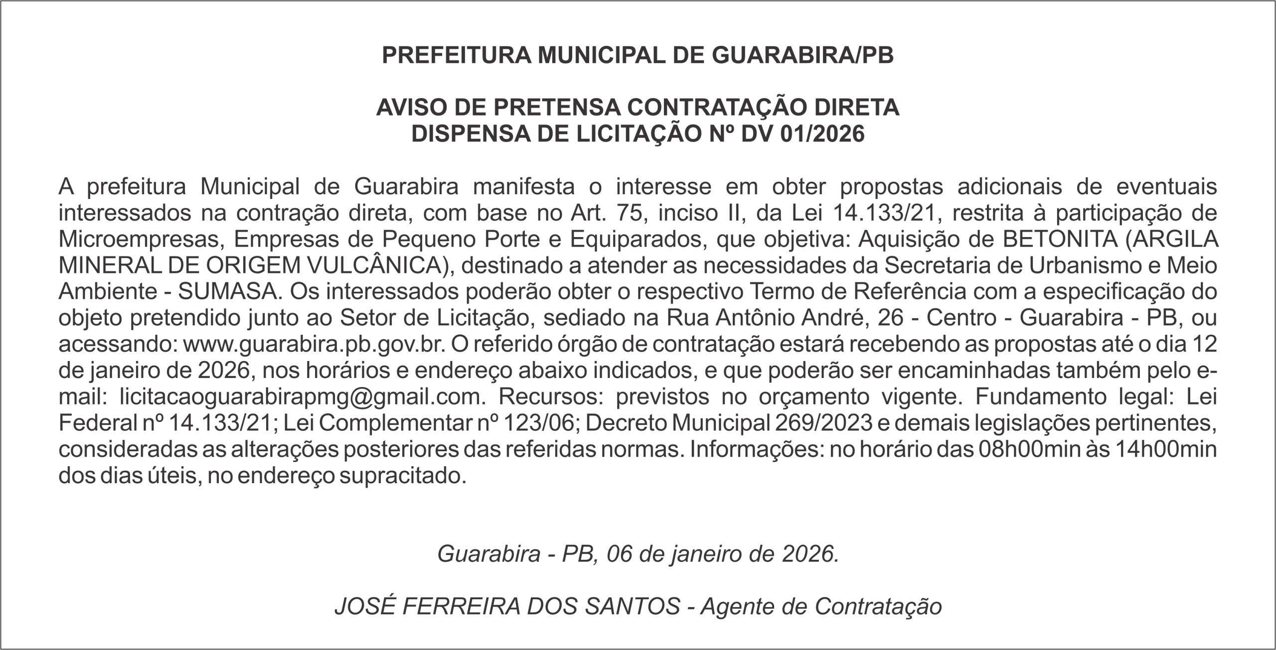 PREFEITURA MUNICIPAL DE GUARABIRA/PB – AVISO DE PRETENSA CONTRATAÇÃO DIRETA