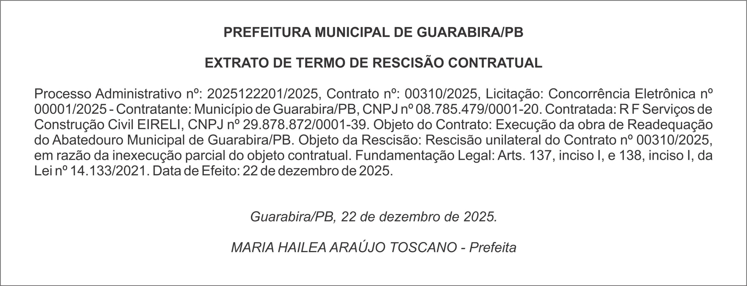 PREFEITURA MUNICIPAL DE GUARABIRA/PB – EXTRATO DE TERMO DE RESCISÃO CONTRATUAL