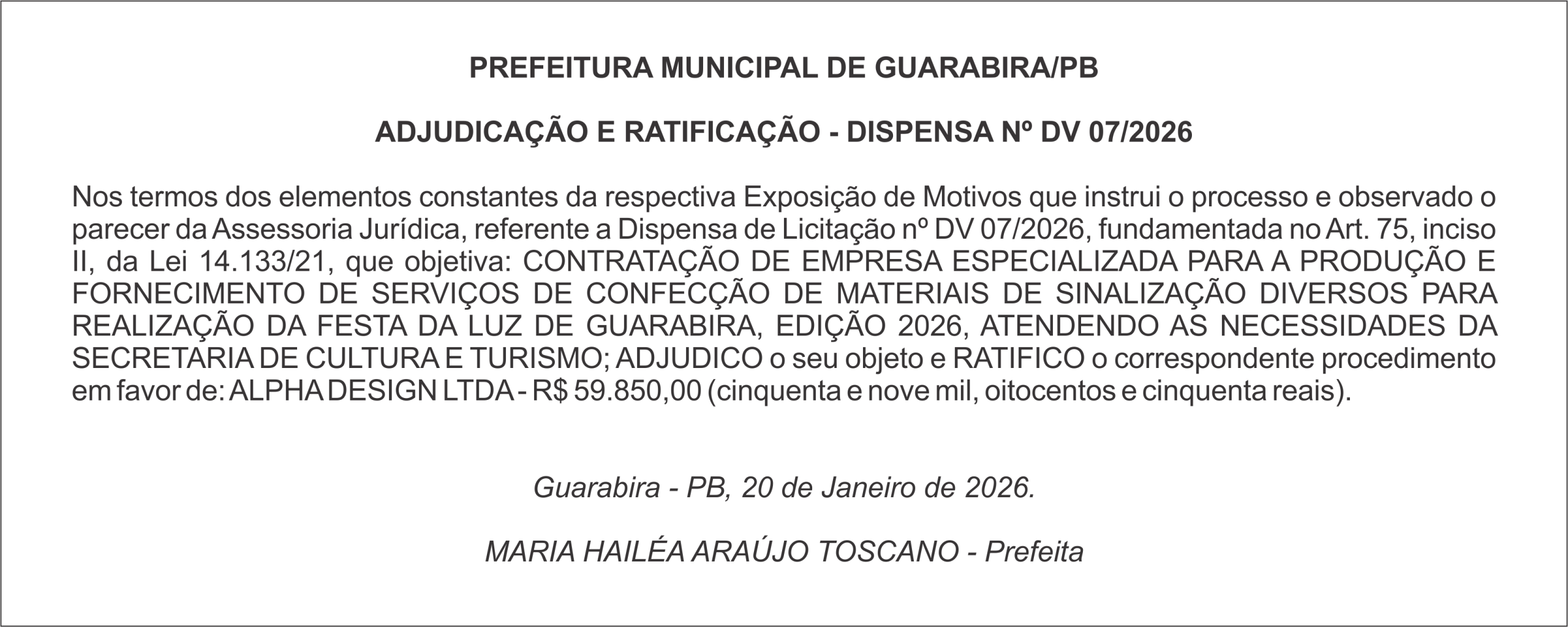 PREFEITURA MUNICIPAL DE GUARABIRA/PB – ADJUDICAÇÃO E RATIFICAÇÃO – DISPENSA Nº DV 07/2026