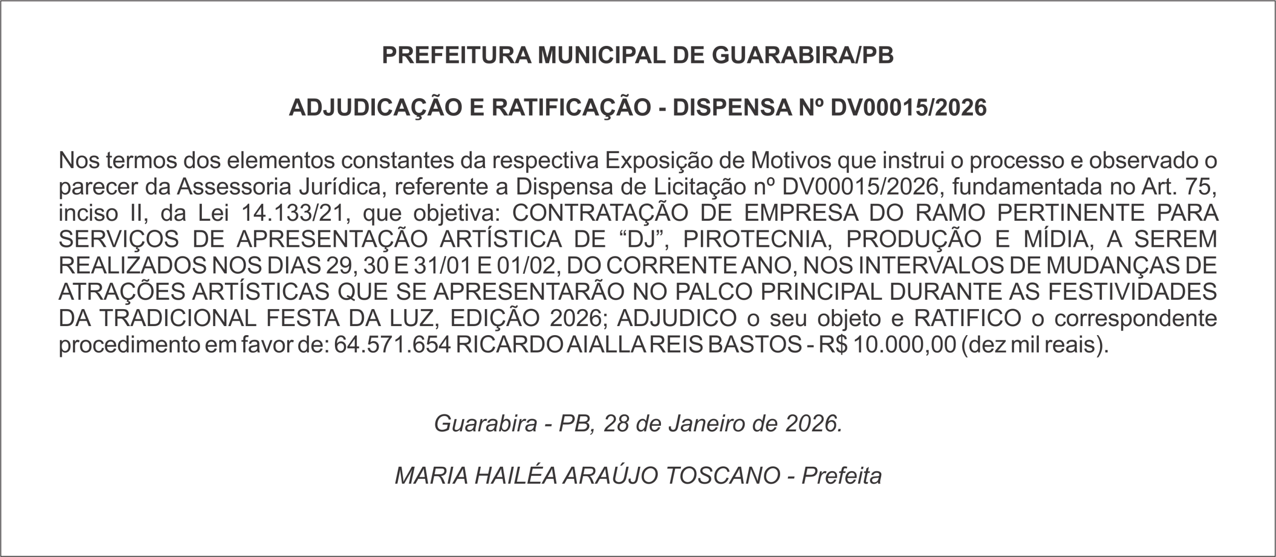 PREFEITURA MUNICIPAL DE GUARABIRA/PB – ADJUDICAÇÃO E RATIFICAÇÃO – DISPENSA Nº DV00015/2026
