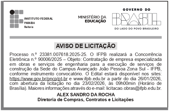 IFPB – PB – JOÃO PESSOA – REITORIA – Construção da Sede do Campus Avançado João Pessoa Zona Sul