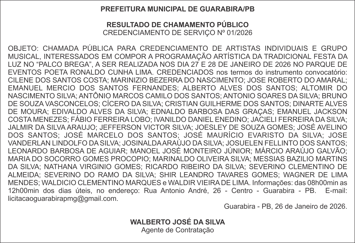 PREFEITURA MUNICIPAL DE GUARABIRA/PB – RESULTADO DE CHAMAMENTO PÚBLICO CREDENCIAMENTO DE SERVIÇO Nº 01/2026
