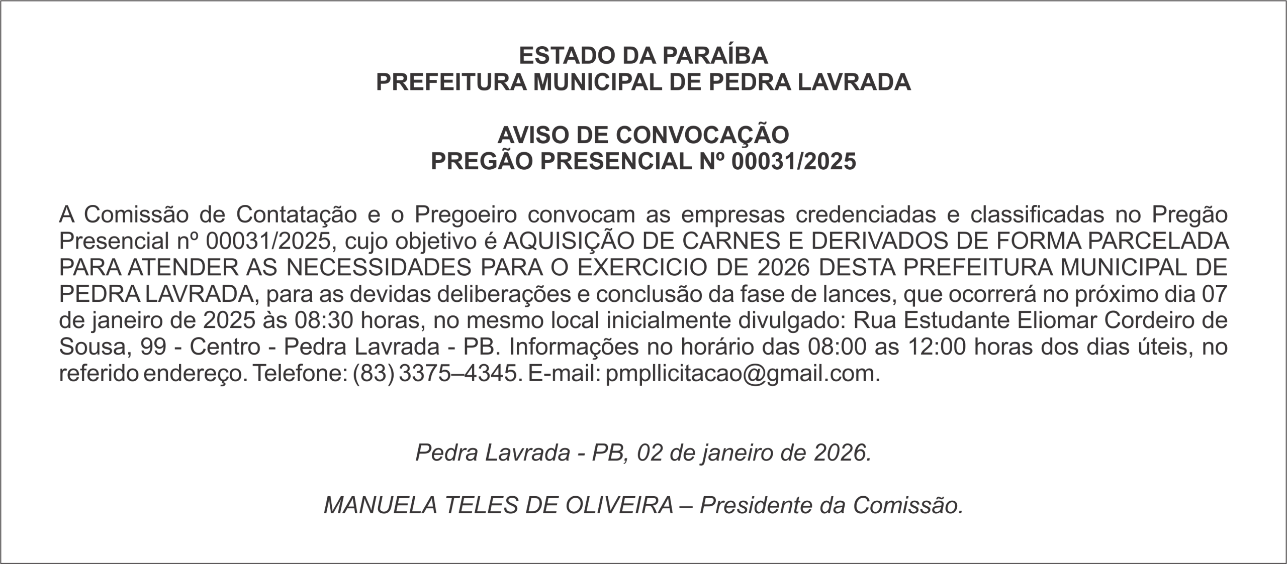 PREFEITURA MUNICIPAL DE PEDRA LAVRADA – AVISO DE CONVOCAÇÃO PREGÃO PRESENCIAL Nº 00031/2025