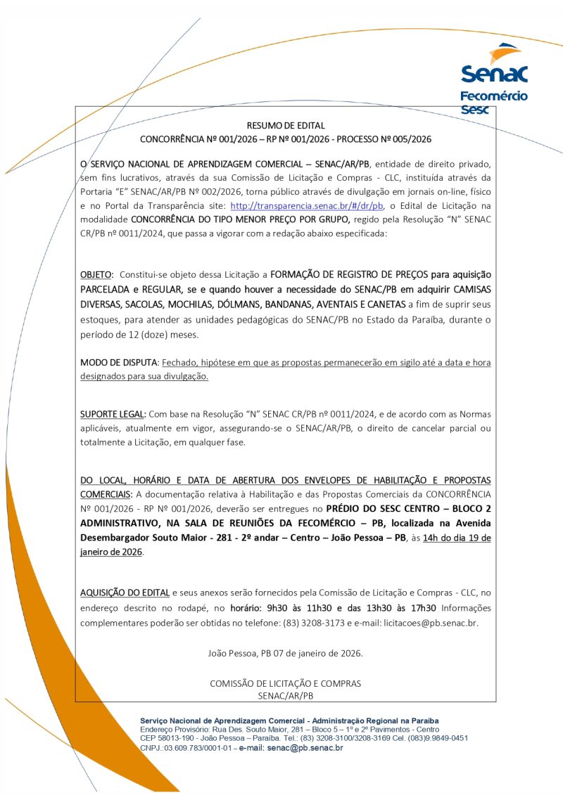 SENAC – RESUMO DE EDITAL – CONCORRÊNCIA No 001/2026 – RP No 001/2026