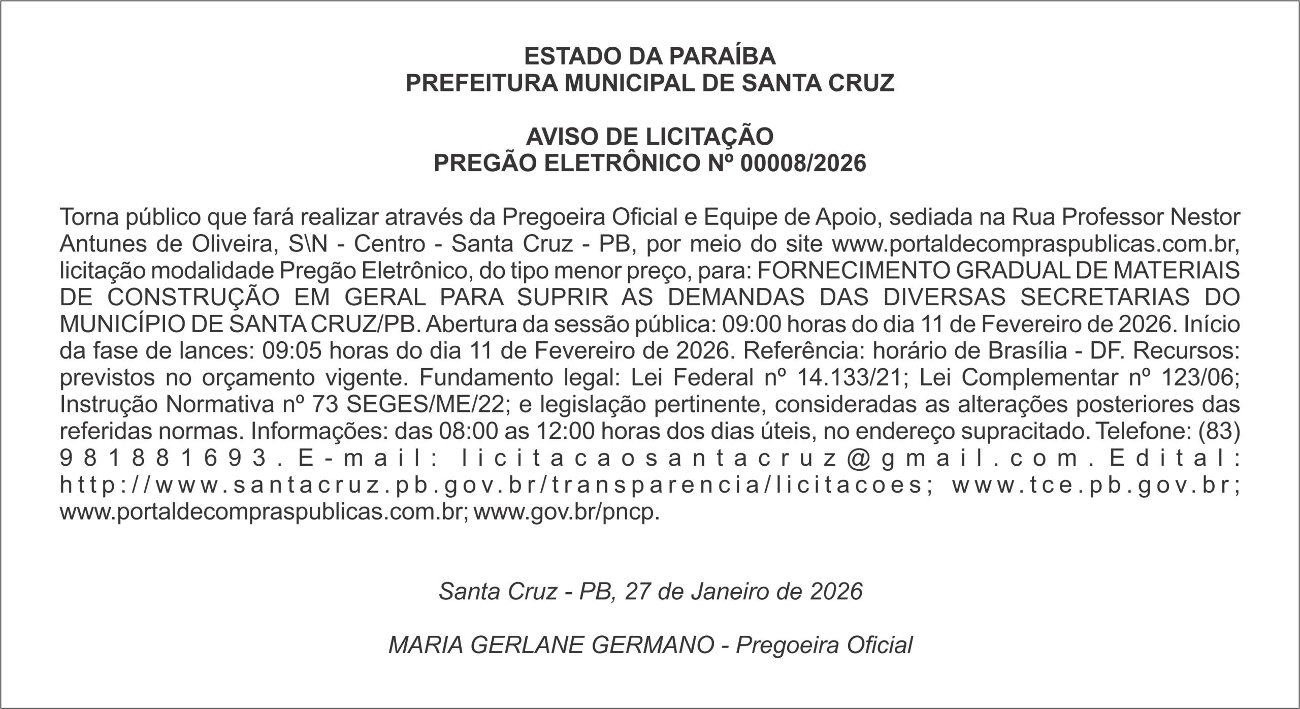 PREFEITURA MUNICIPAL DE SANTA CRUZ – AVISO DE LICITAÇÃO – PREGÃO ELETRÔNICO Nº 00008/2026