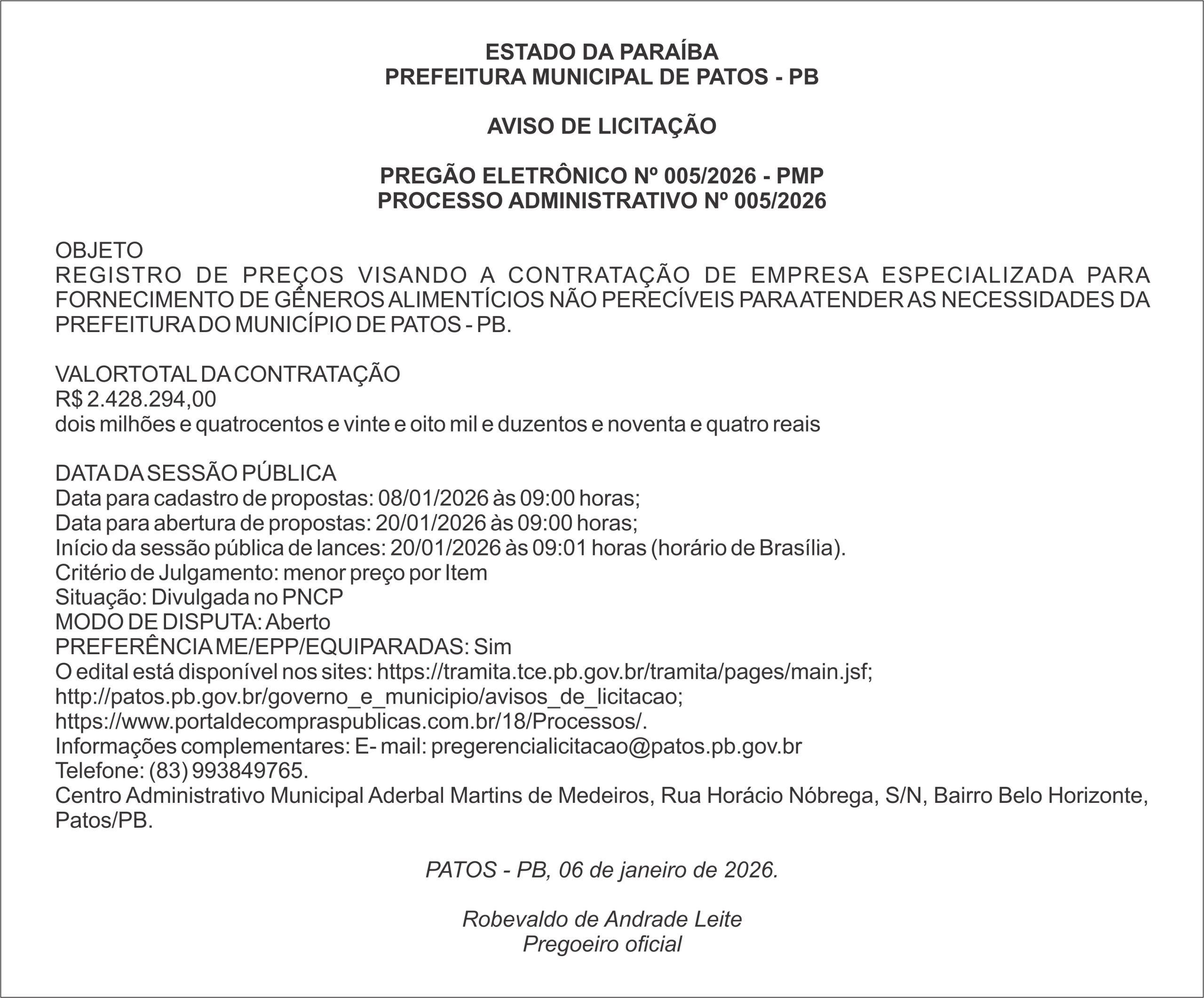 PREFEITURA MUNICIPAL DE PATOS – PB – PREGÃO ELETRÔNICO Nº 005/2026 – PMP