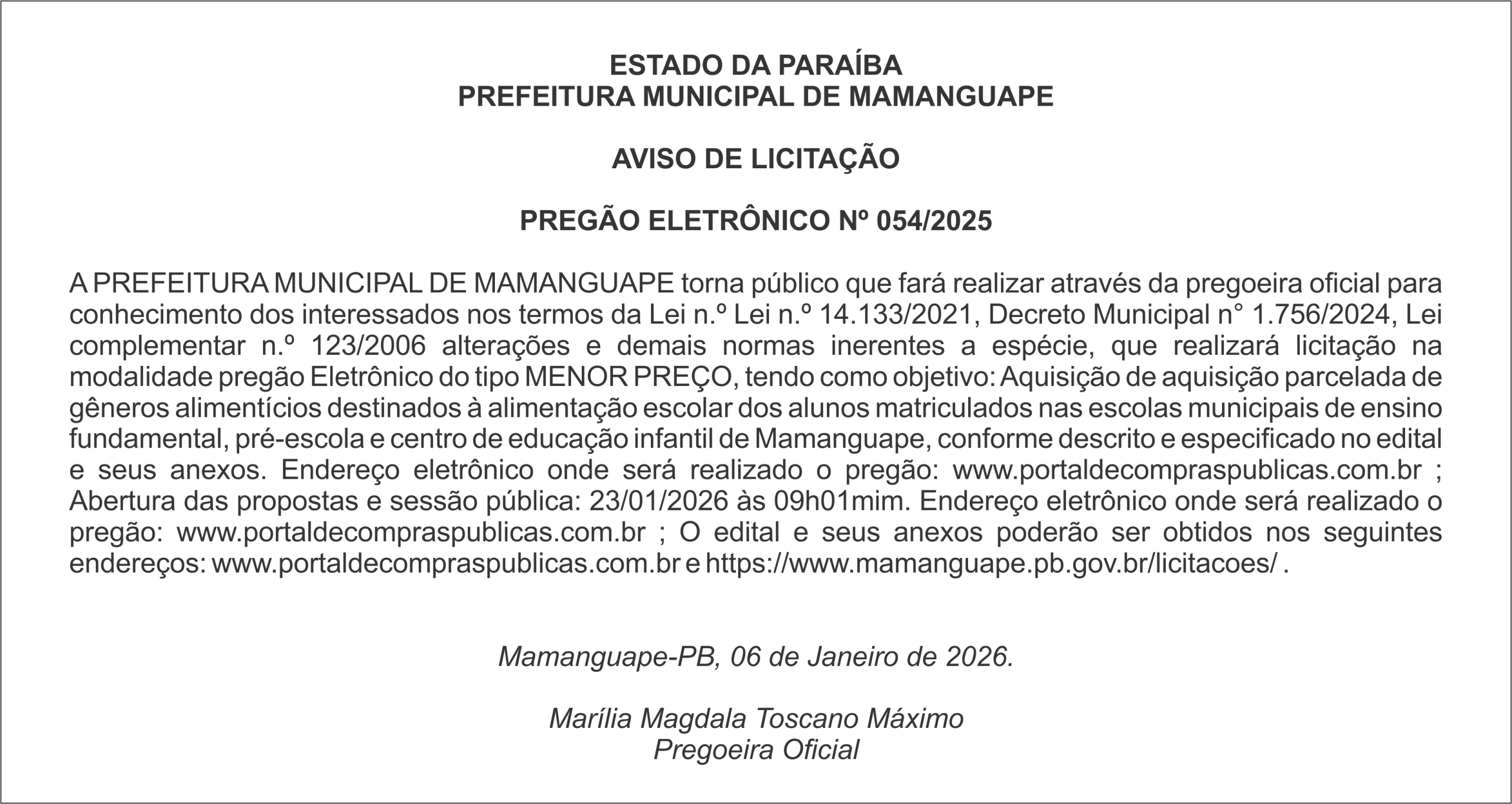 PREFEITURA MUNICIPAL DE MAMANGUAPE – AVISO DE LICITAÇÃO  PREGÃO ELETRÔNICO Nº 054/2025