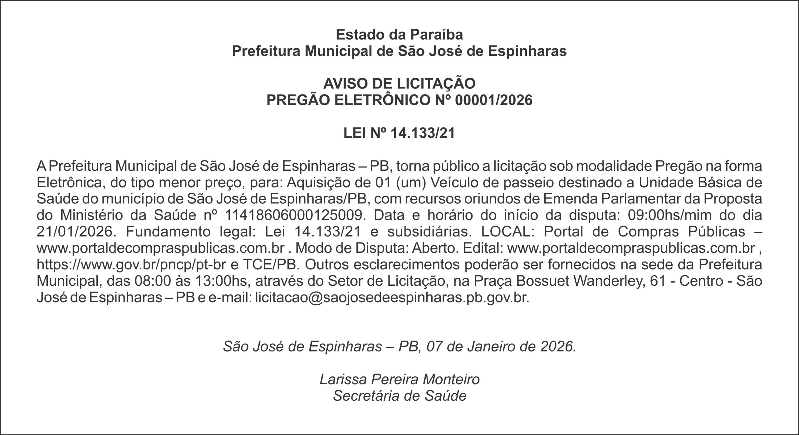 PREFEITURA DE SÃO JOSÉ DE ESPINHARAS  –  AVISO DE LICITAÇÃO PREGÃO ELETRÔNICO Nº 00001/2026
