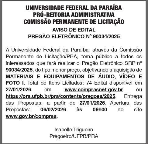 UNIVERSIDADE FEDERAL DA PARAIBA – PREGÃO ELETRÔNICO No 90034/2025