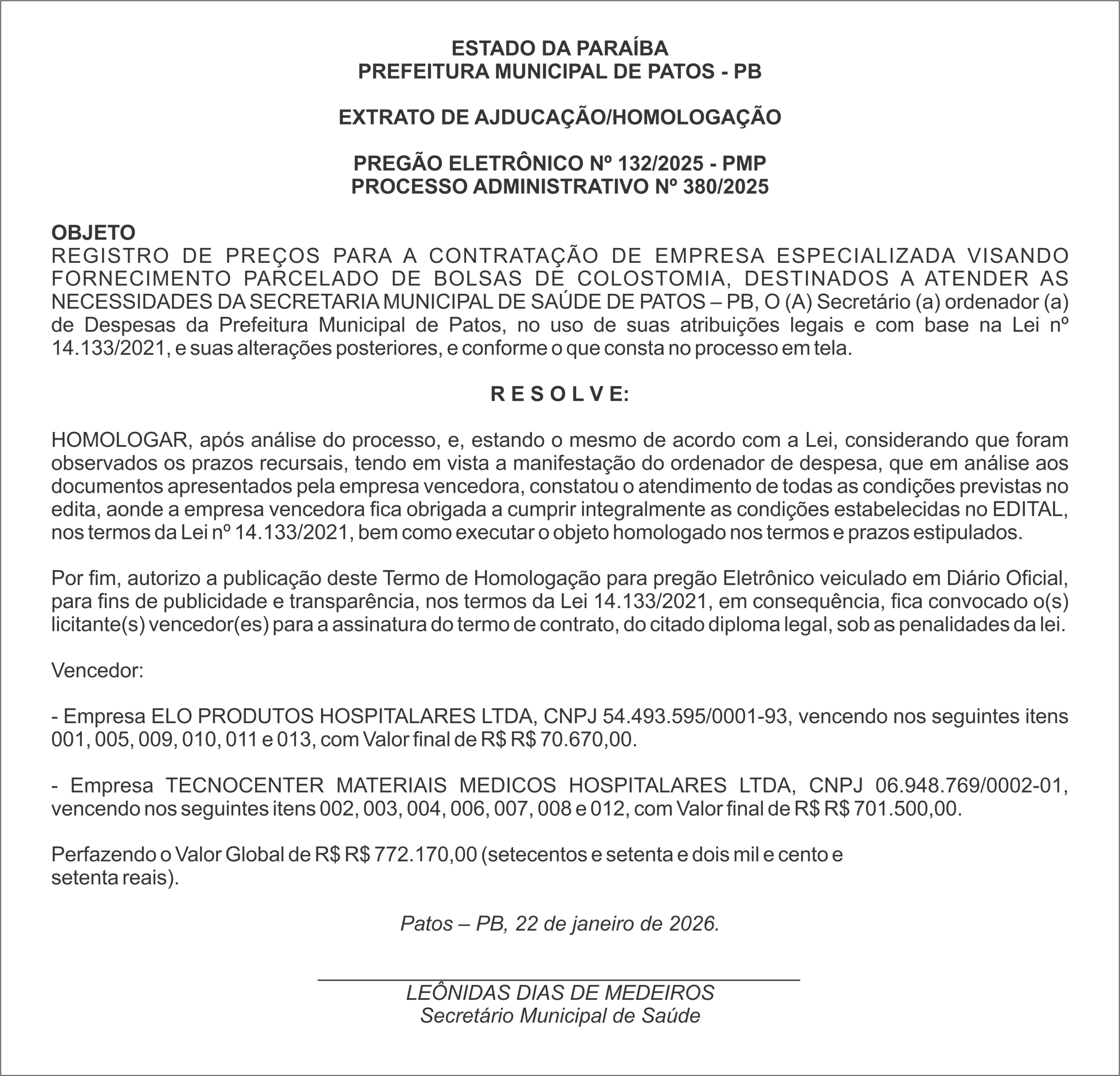 PREFEITURA MUNICIPAL DE PATOS – PB – PREGÃO ELETRÔNICO Nº 132/2025 – PMP
