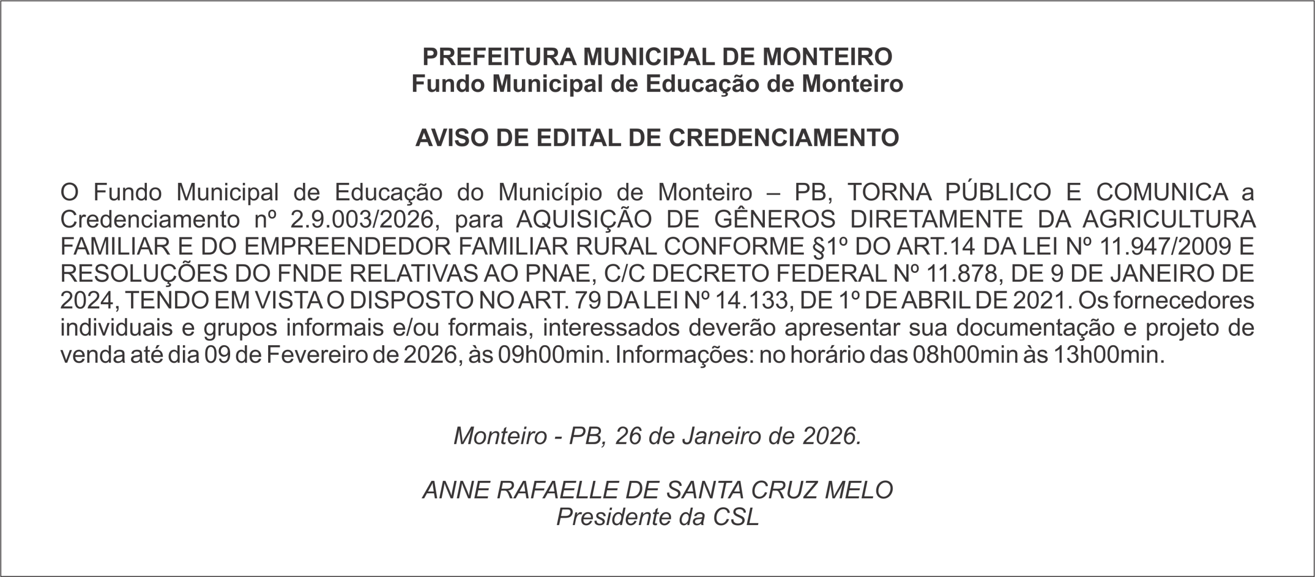 PREFEITURA MUNICIPAL DE MONTEIRO – AVISO DE EDITAL DE CREDENCIAMENTO