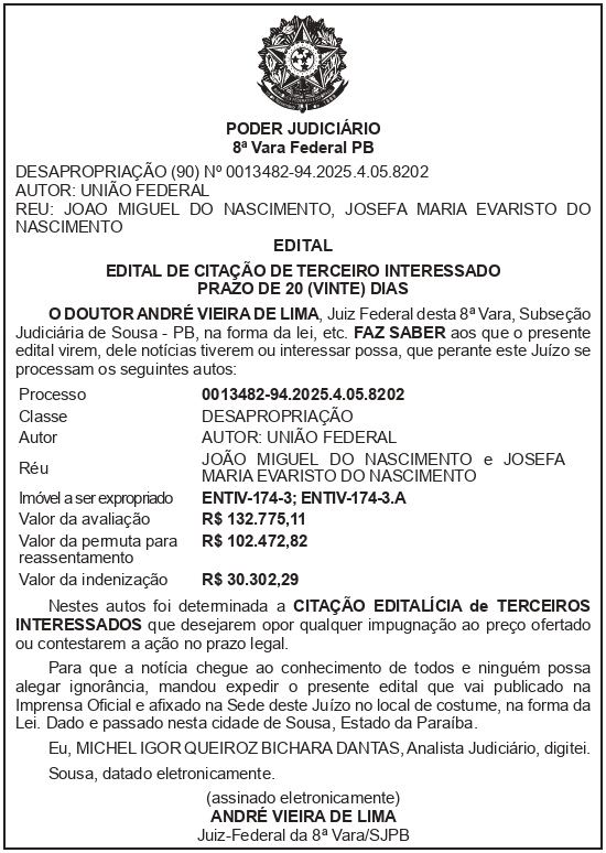 SECRETARIA NACIONAL DE SEGURANÇA HIDRICA – SNSH – MDR – DF – BRASÍLIA – Edital de Citação de Terceiro Interessado – ENTIV-174-3 e ENTIV-174-3.A (JOÃO MIGUEL DO NASCIMENTO)