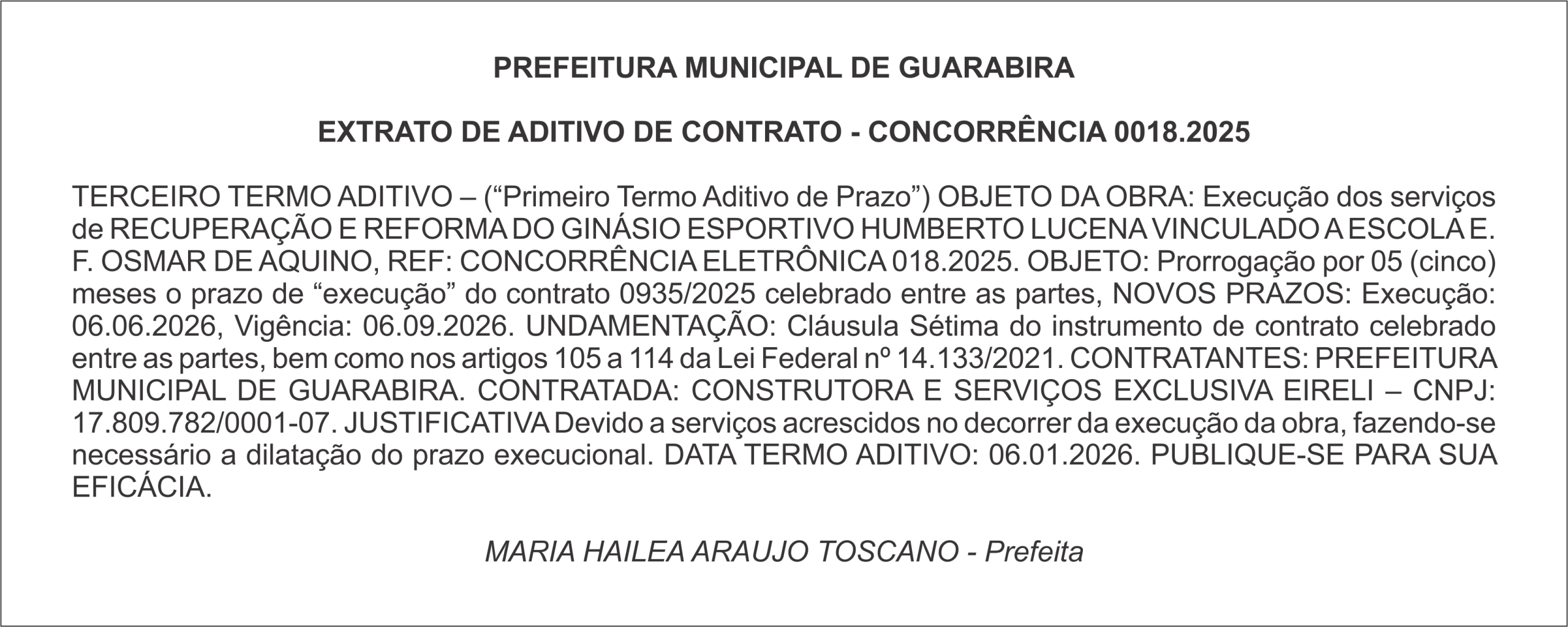 PREFEITURA MUNICIPAL DE GUARABIRA – EXTRATO DE ADITIVO DE CONTRATO – CONCORRÊNCIA 0018.2025