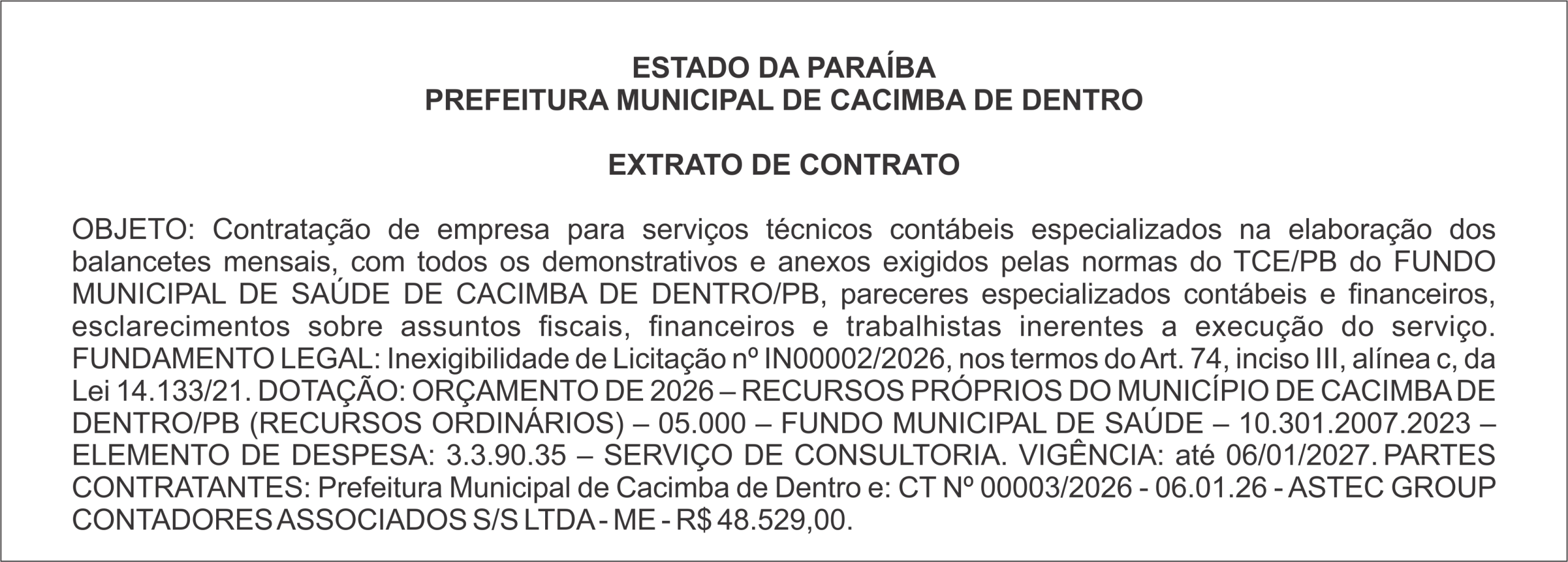 PREFEITURA MUNICIPAL DE CACIMBA DE DENTRO – EXTRATO DE CONTRATO