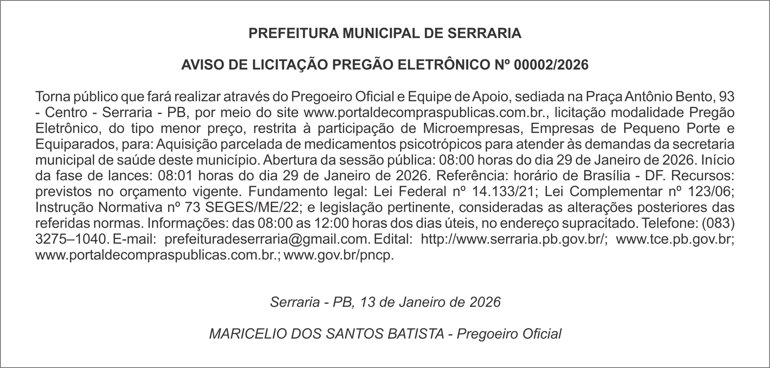 PREFEITURA MUNICIPAL DE SERRARIA – AVISO DE LICITAÇÃO PREGÃO ELETRÔNICO Nº 00002/2026