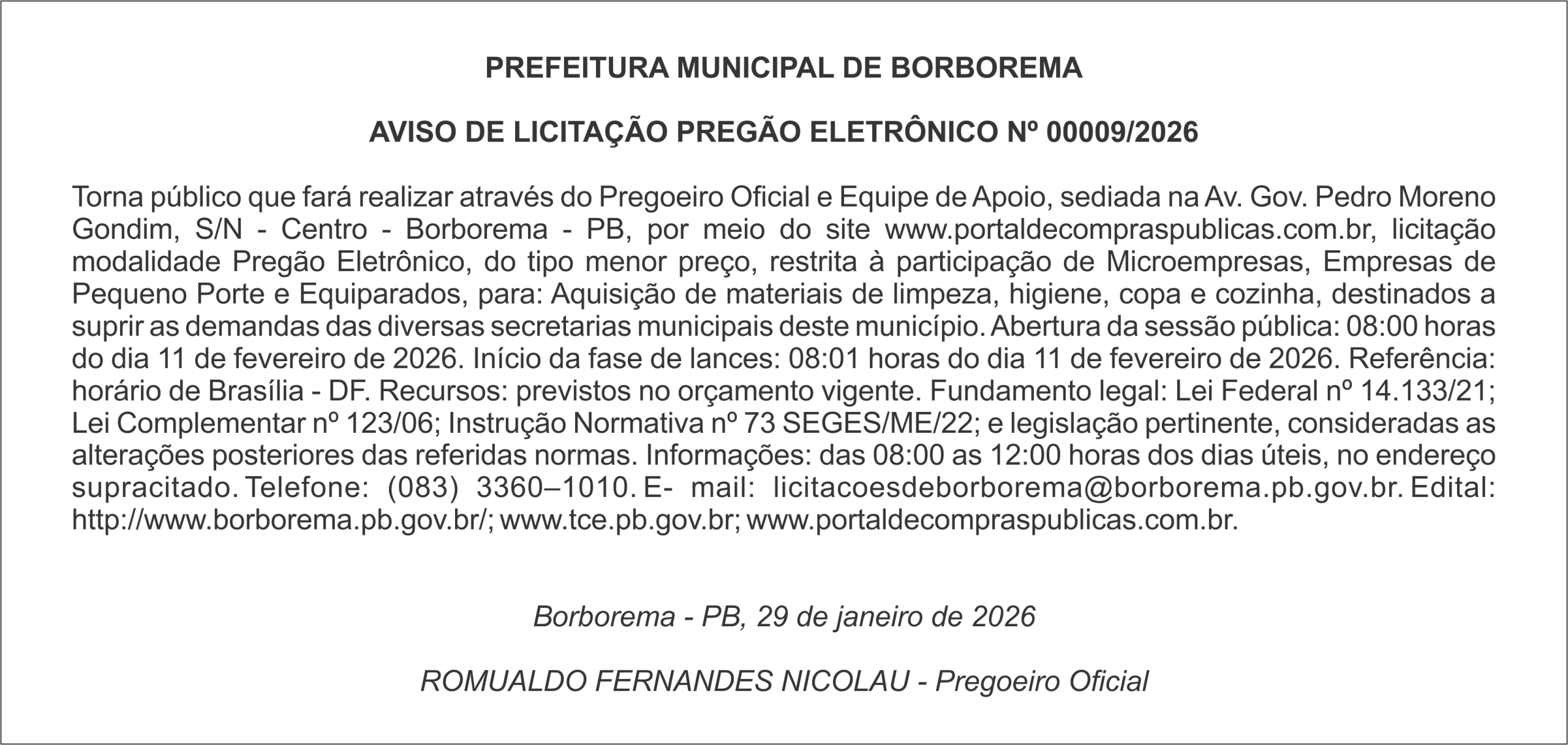 PREFEITURA MUNICIPAL DE BORBOREMA – AVISO DE LICITAÇÃO – PREGÃO ELETRÔNICO Nº 00009/2026