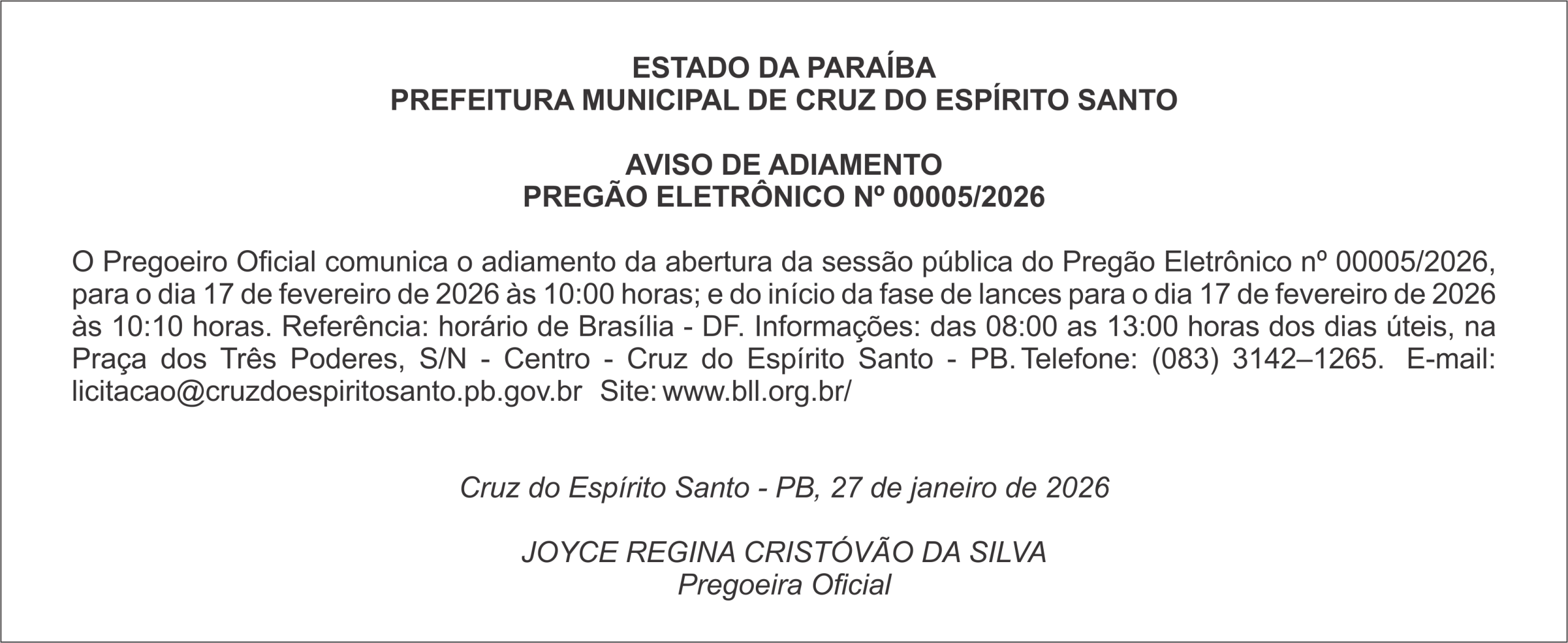 PREFEITURA MUNICIPAL DE CRUZ DO ESPÍRITO SANTO – AVISO DE ADIAMENTO PREGÃO ELETRÔNICO Nº 00005/2026