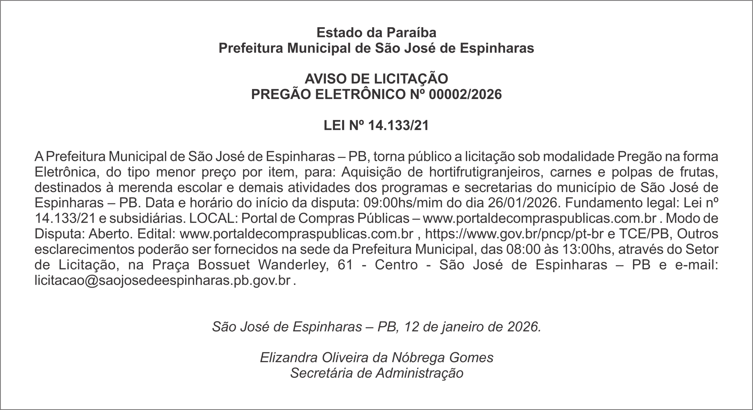 PREFEITURA DE SÃO JOSÉ DE ESPINHARAS – AVISO DE LICITAÇÃO PREGÃO ELETRÔNICO Nº 00002/2026