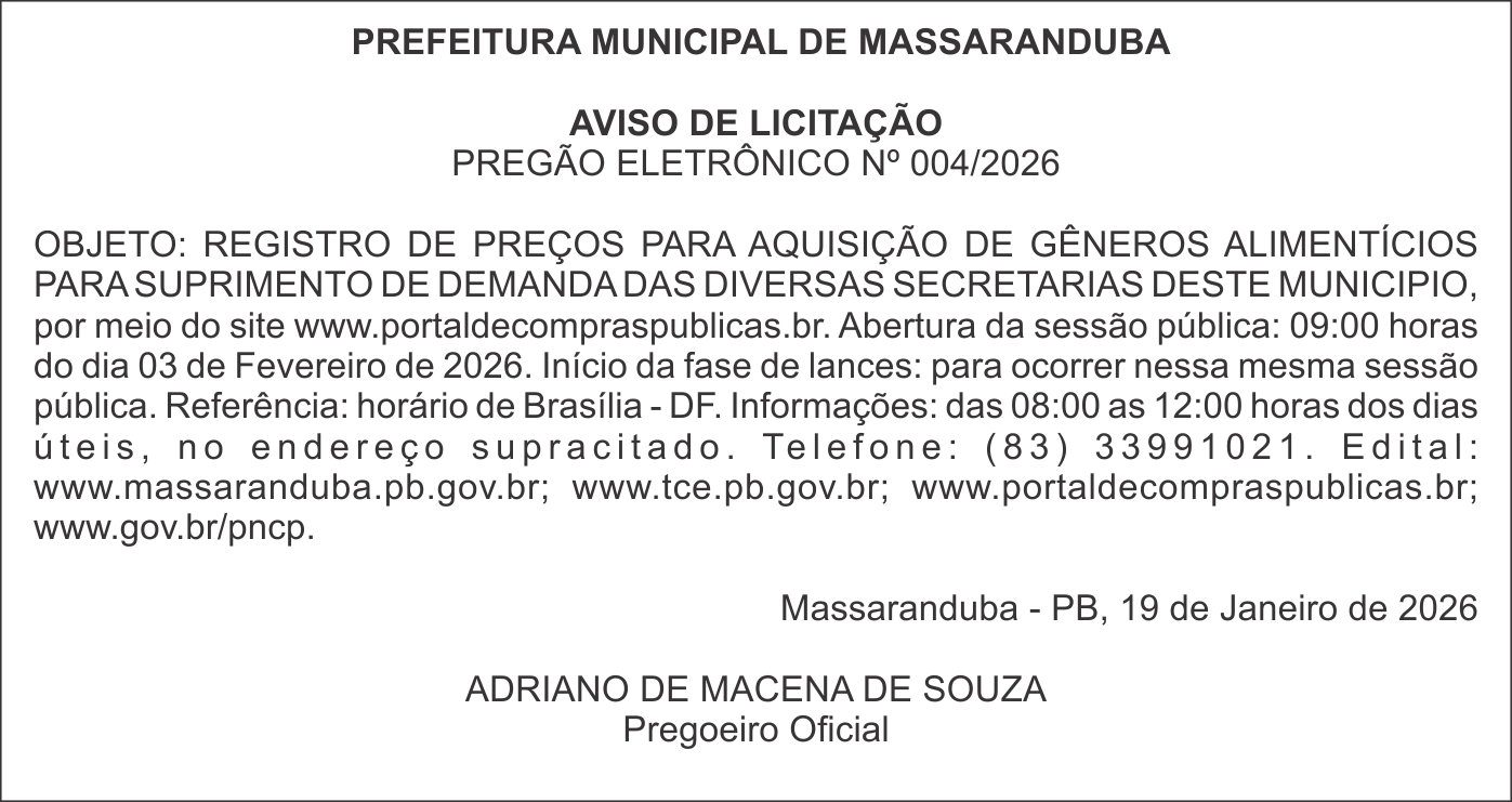 PREFEITURA MUNICIPAL DE MASSARANDUBA – AVISO DE LICITAÇÃO – PREGÃO ELETRÔNICO Nº 004/2026