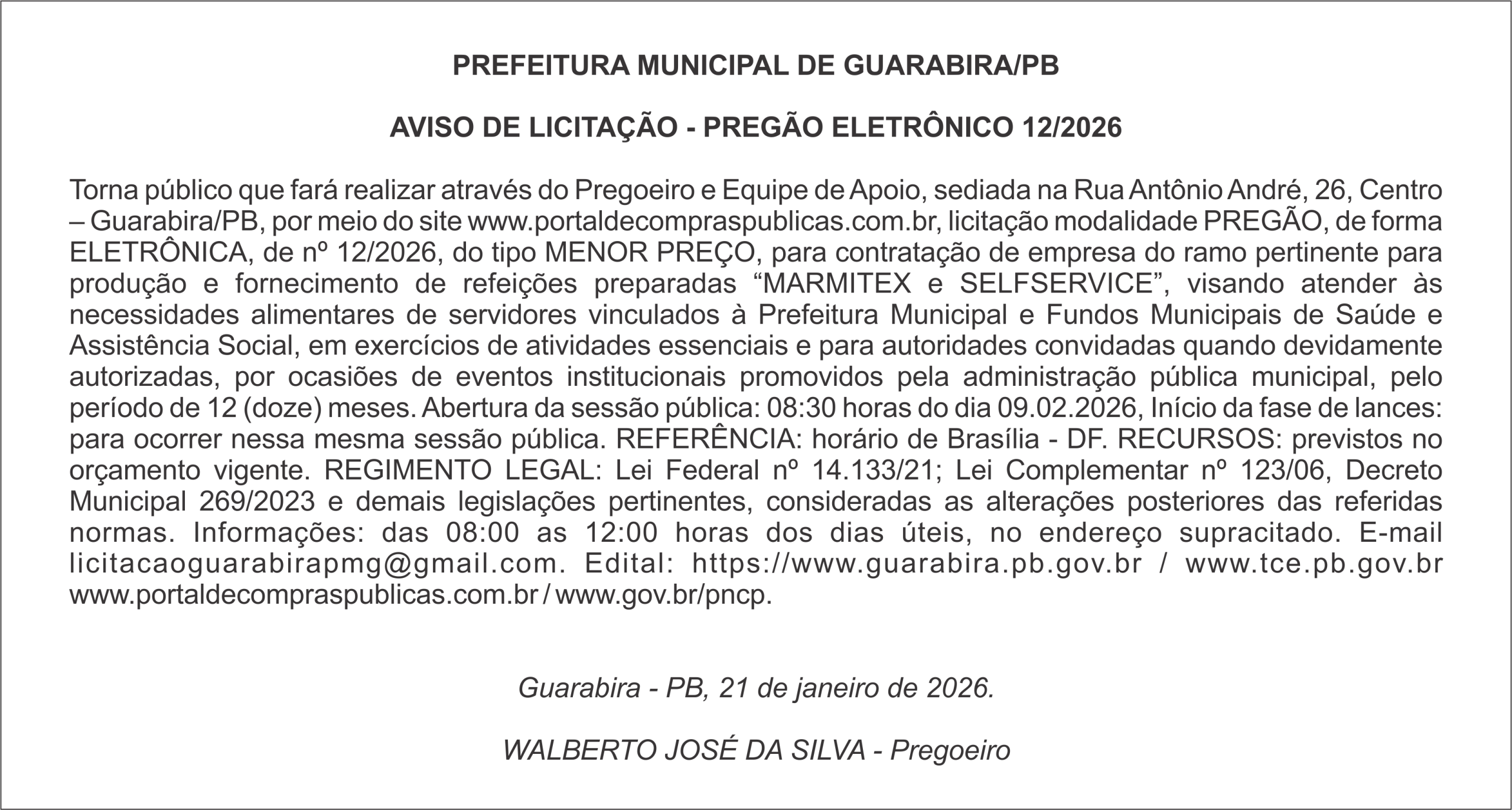 PREFEITURA MUNICIPAL DE GUARABIRA/PB AVISO DE LICITAÇÃO – PREGÃO ELETRÔNICO 12/2026