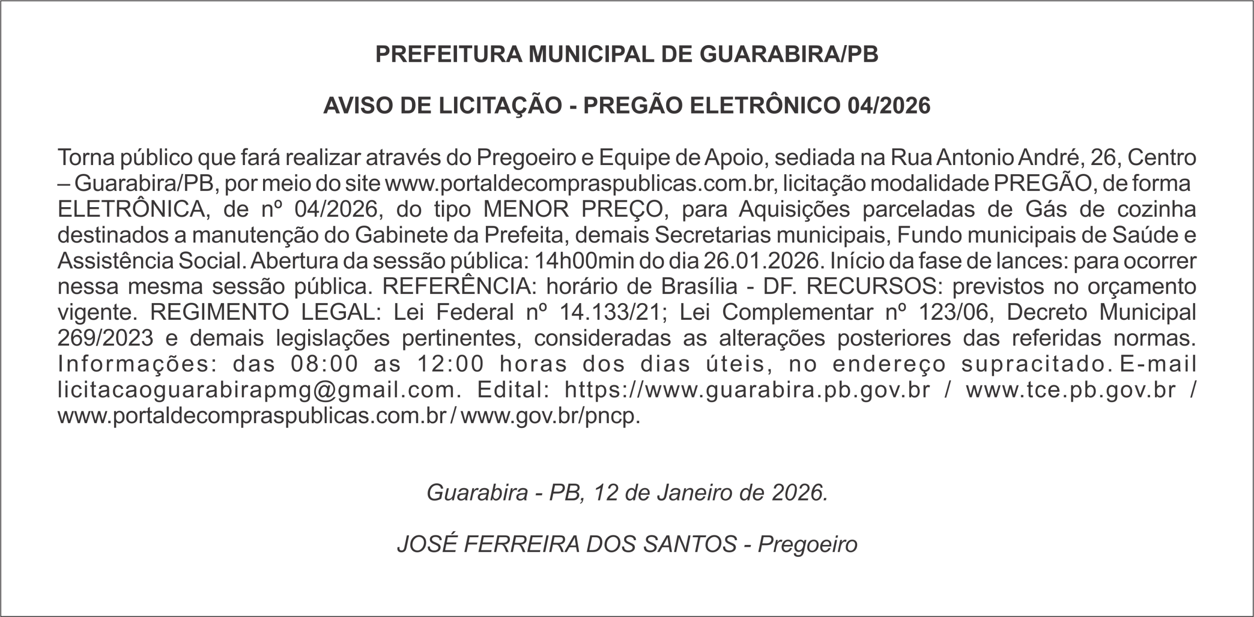 PREFEITURA MUNICIPAL DE GUARABIRA/PB AVISO DE LICITAÇÃO – PREGÃO ELETRÔNICO 04/2026
