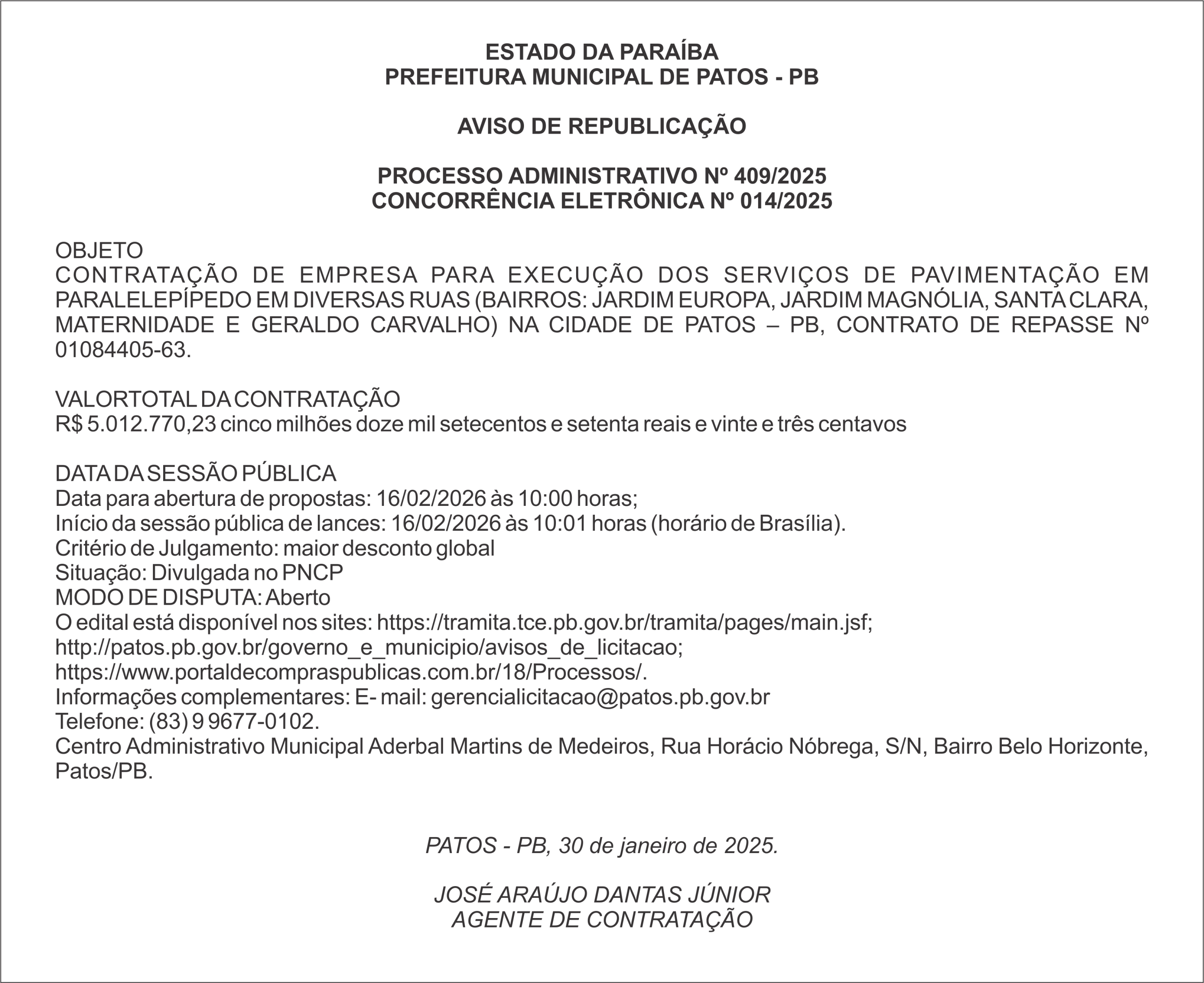 PREFEITURA MUNICIPAL DE PATOS – PB PROCESSO ADMINISTRATIVO Nº 409/2025