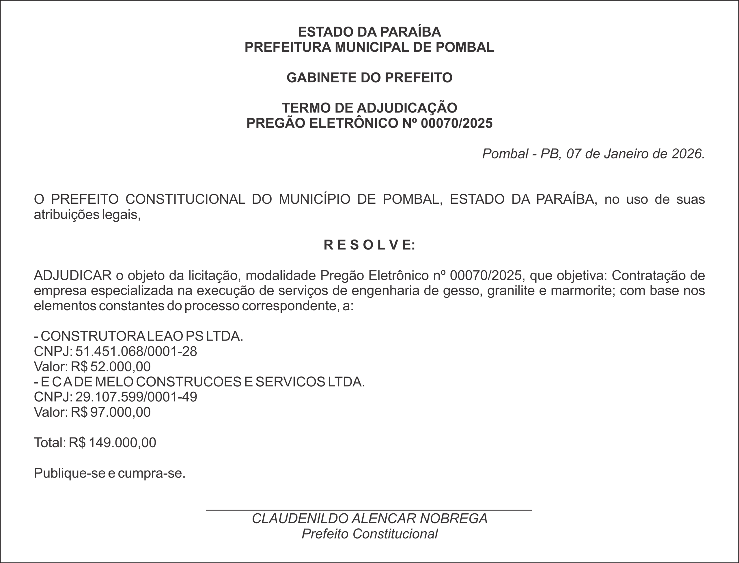 PREFEITURA MUNICIPAL DE POMBAL – TERMO DE ADJUDICAÇÃO – PREGÃO ELETRÔNICO Nº 00070/2025