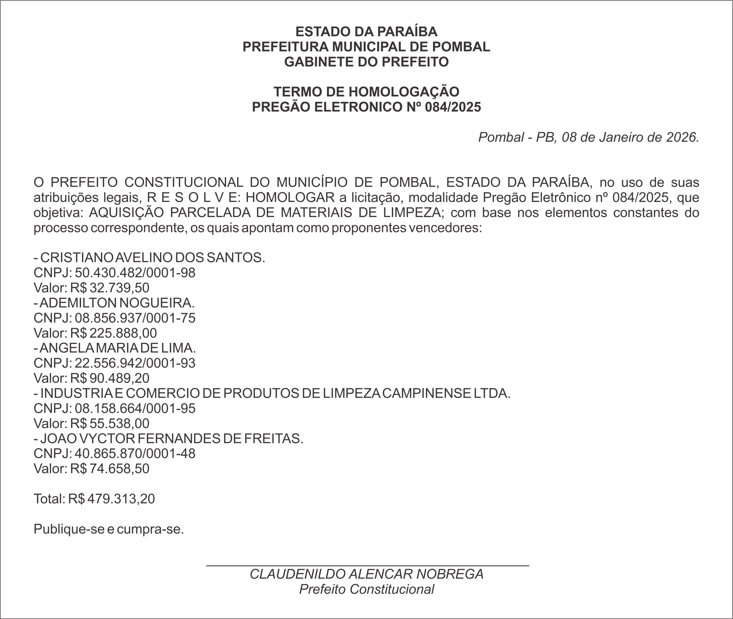 PREFEITURA MUNICIPAL DE POMBAL – HOMOLOGAÇÃO – PREGÃO ELETRÔNICO Nº 084/2025