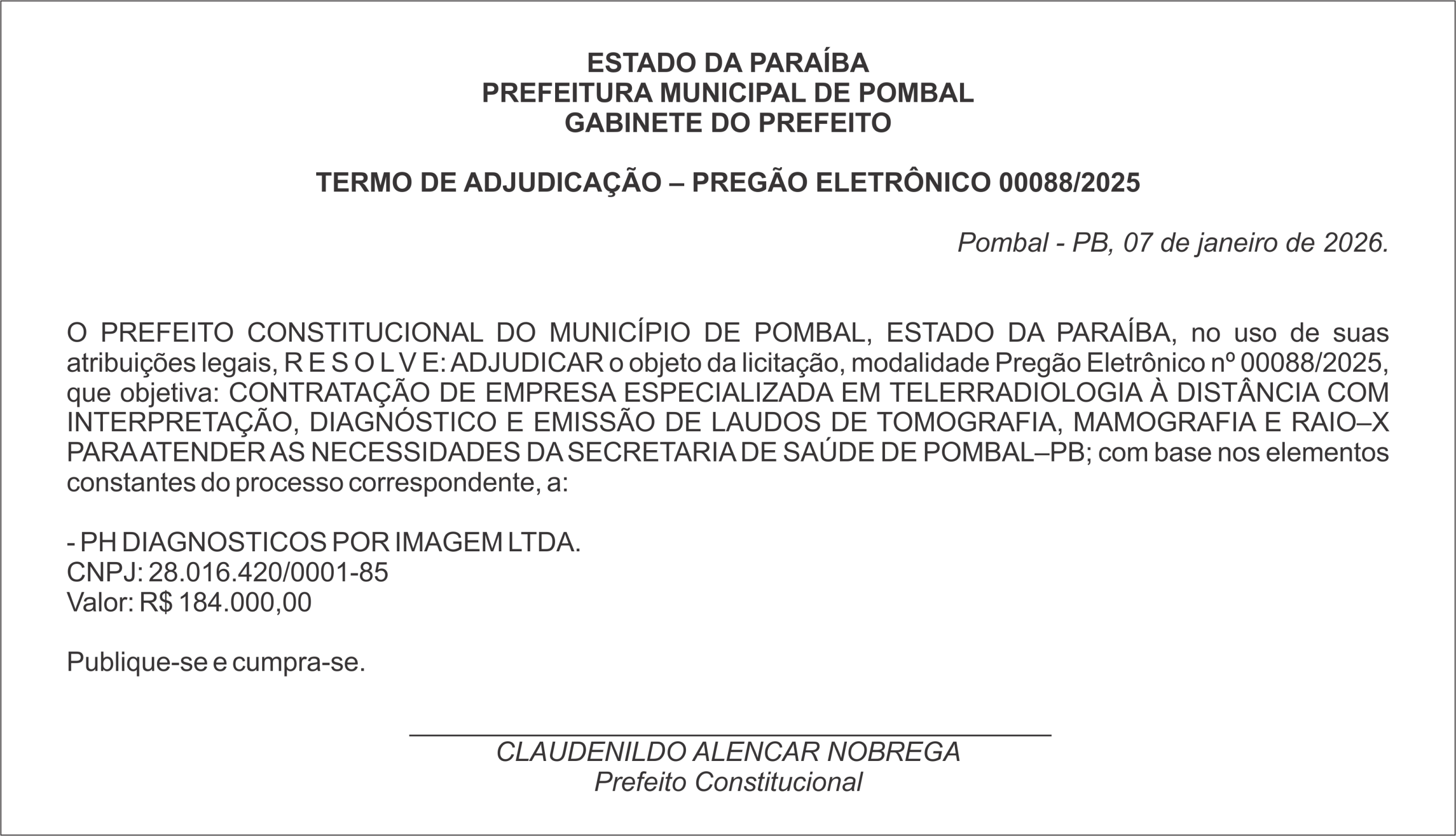 PREFEITURA MUNICIPAL DE POMBAL – TERMO DE ADJUDICAÇÃO – PREGÃO ELETRÔNICO 00088/2025