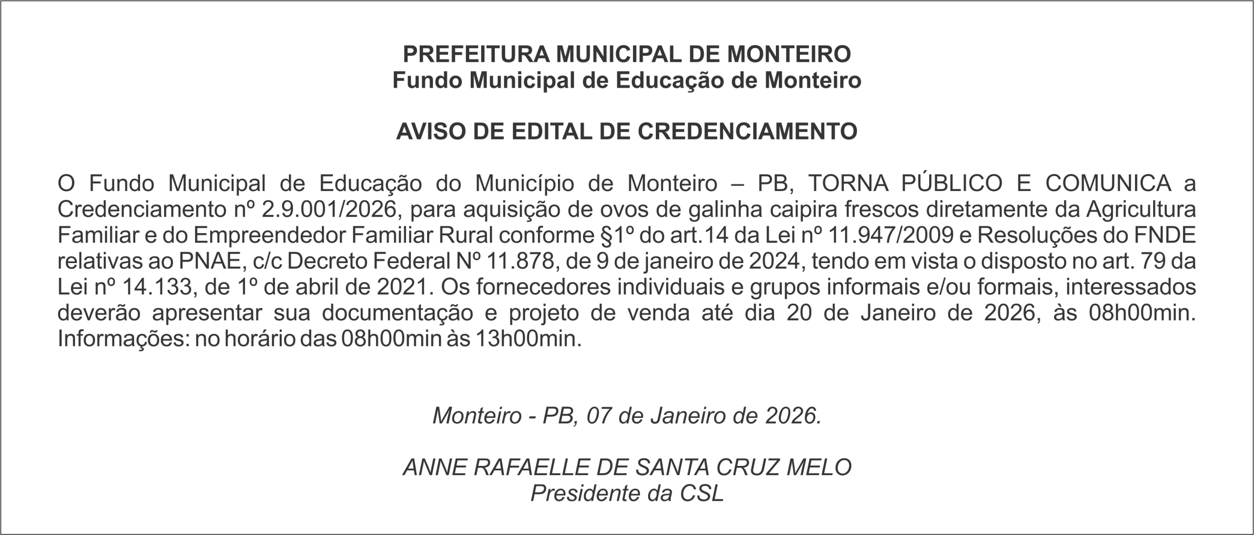 PREFEITURA MUNICIPAL DE MONTEIRO – AVISO DE EDITAL DE CREDENCIAMENTO