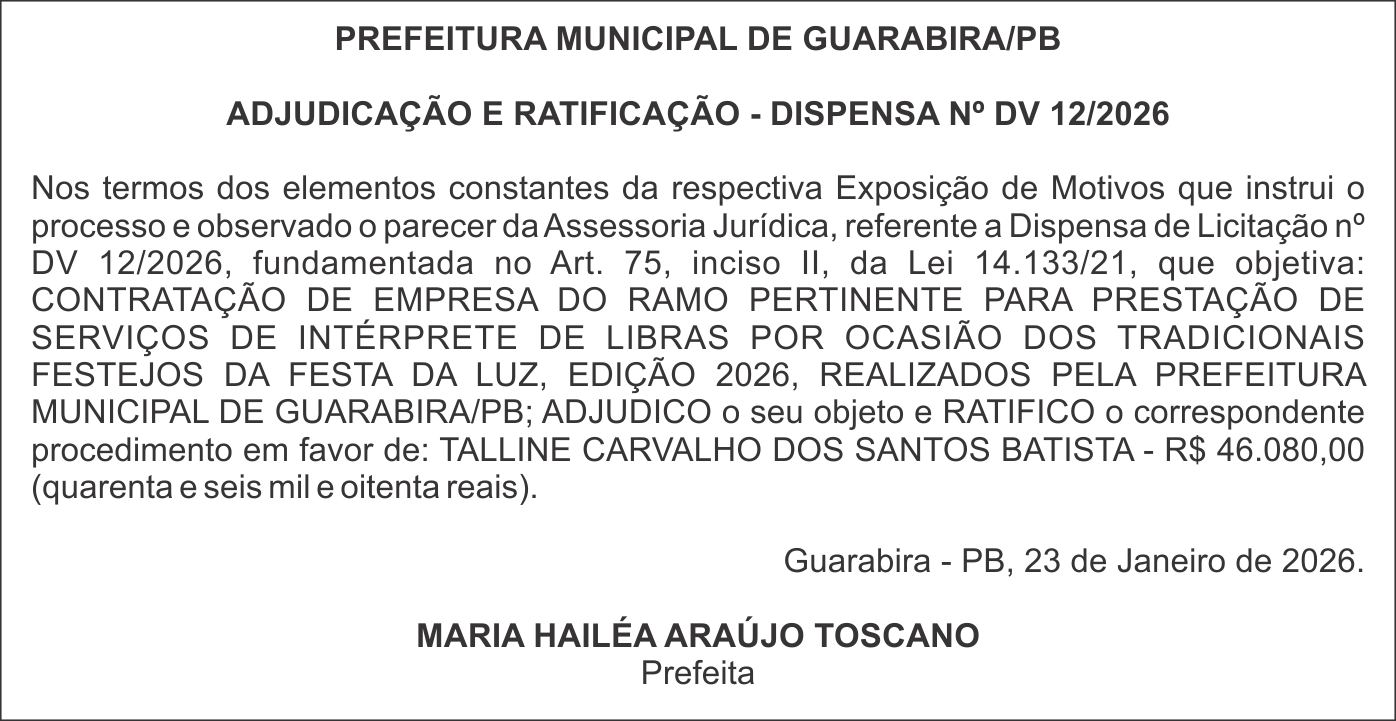 PREFEITURA MUNICIPAL DE GUARABIRA/PB – ADJUDICAÇÃO E RATIFICAÇÃO – DISPENSA Nº DV 12/2026