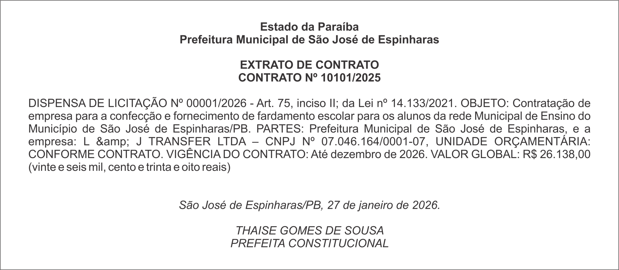 PREFEITURA DE SÃO JOSÉ DE ESPINHARAS – EXTRATO DE CONTRATO CONTRATO Nº 10101/2025