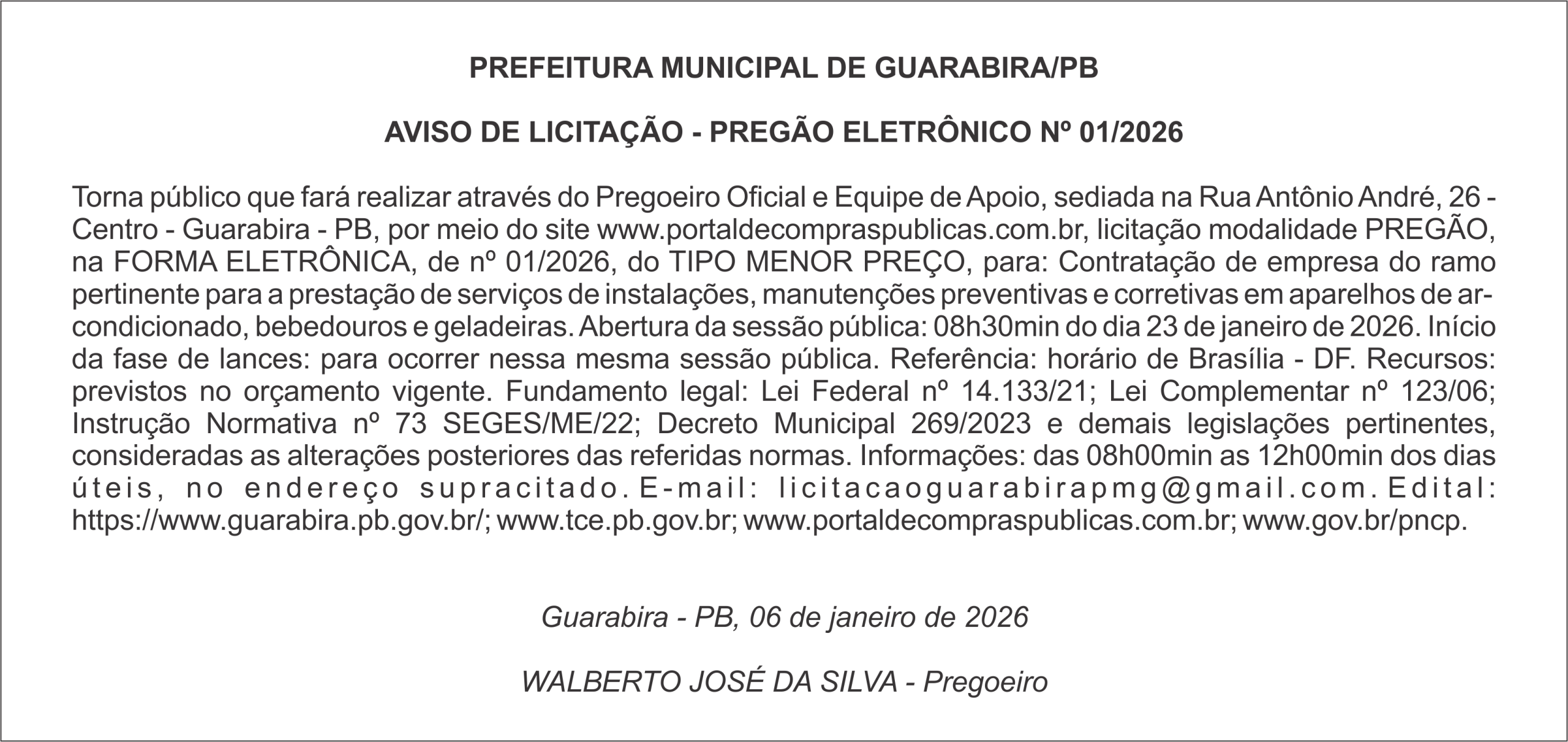 PREFEITURA MUNICIPAL DE GUARABIRA/PB – AVISO DE LICITAÇÃO – PREGÃO ELETRÔNICO Nº 01/2026