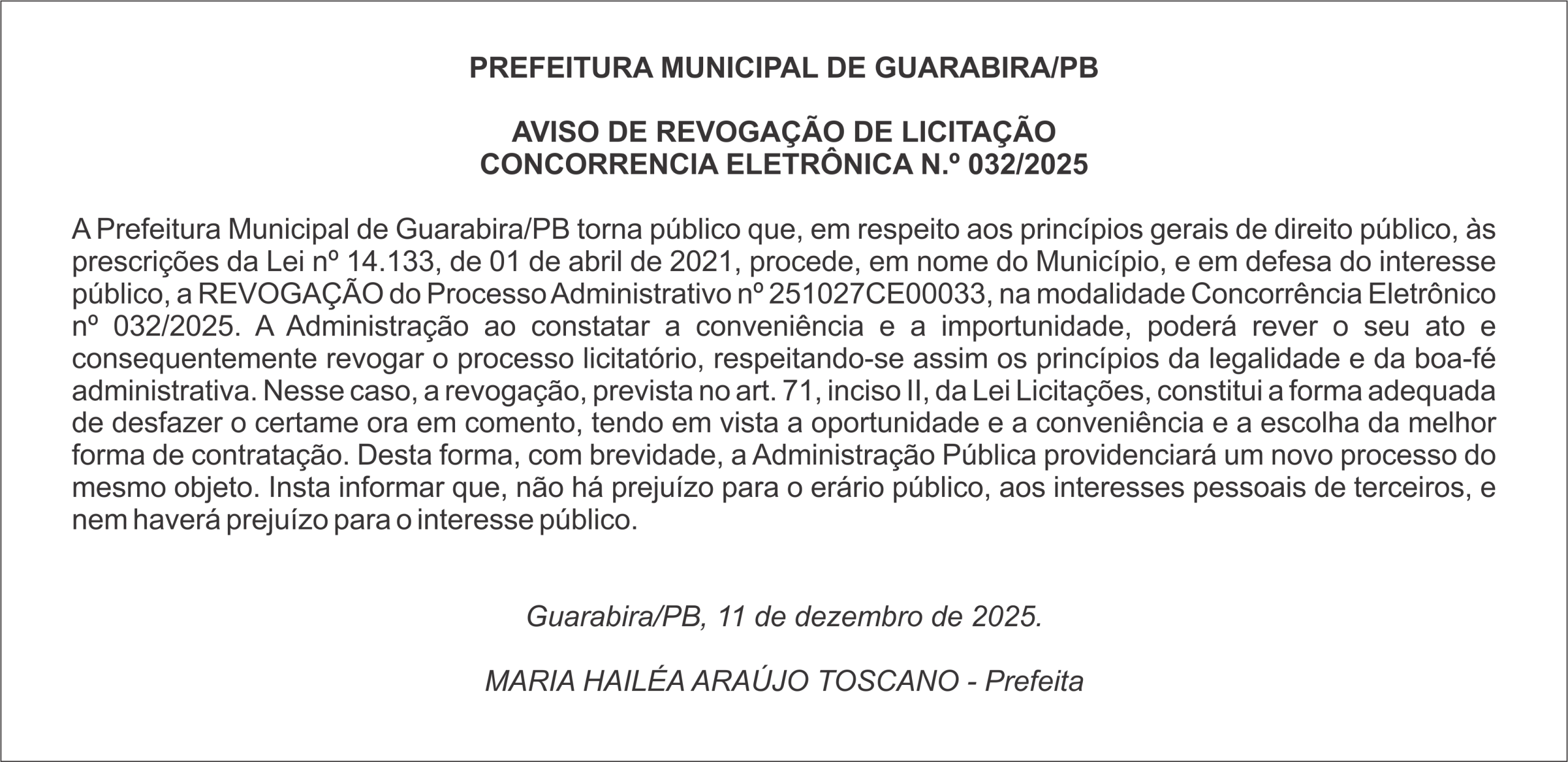 PREFEITURA MUNICIPAL DE GUARABIRA/PB – AVISO DE REVOGAÇÃO DE LICITAÇÃO