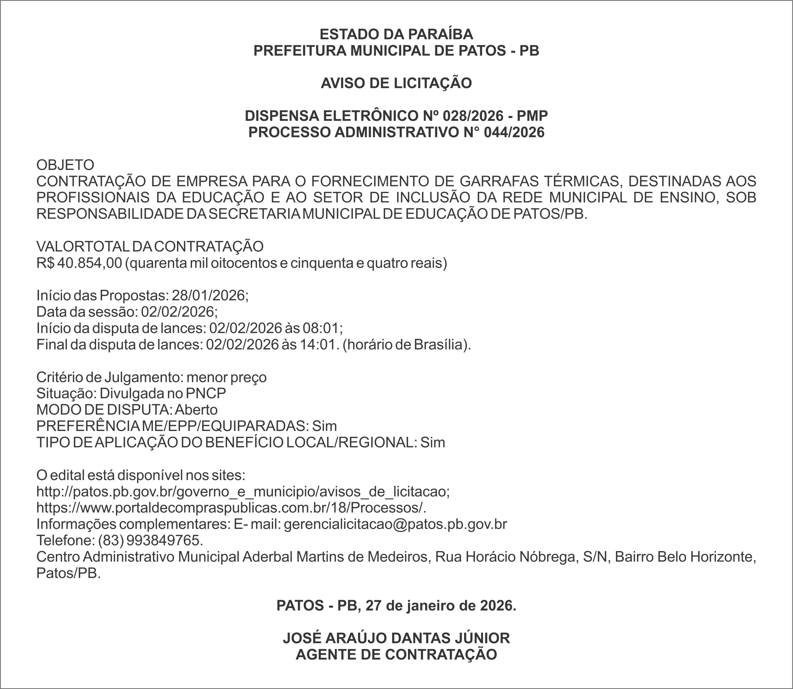 PREFEITURA MUNICIPAL DE PATOS – PB DISPENSA ELETRÔNICO Nº 028/2026 – PMP