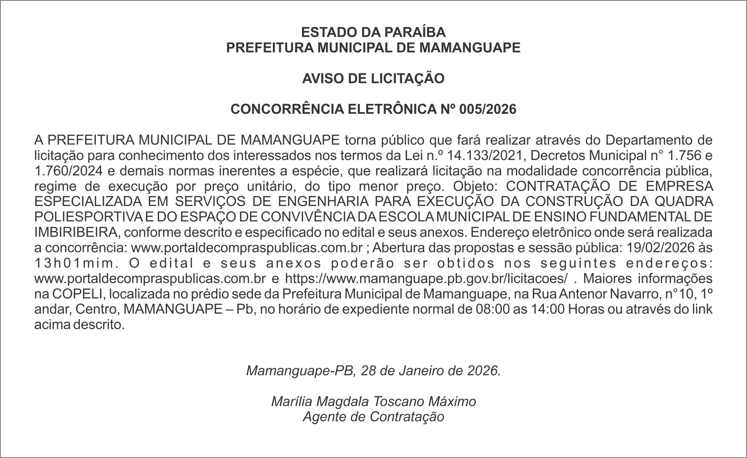 PREFEITURA MUNICIPAL DE MAMANGUAPE – AVISO DE LICITAÇÃO – CONCORRÊNCIA ELETRÔNICA Nº 005/2026