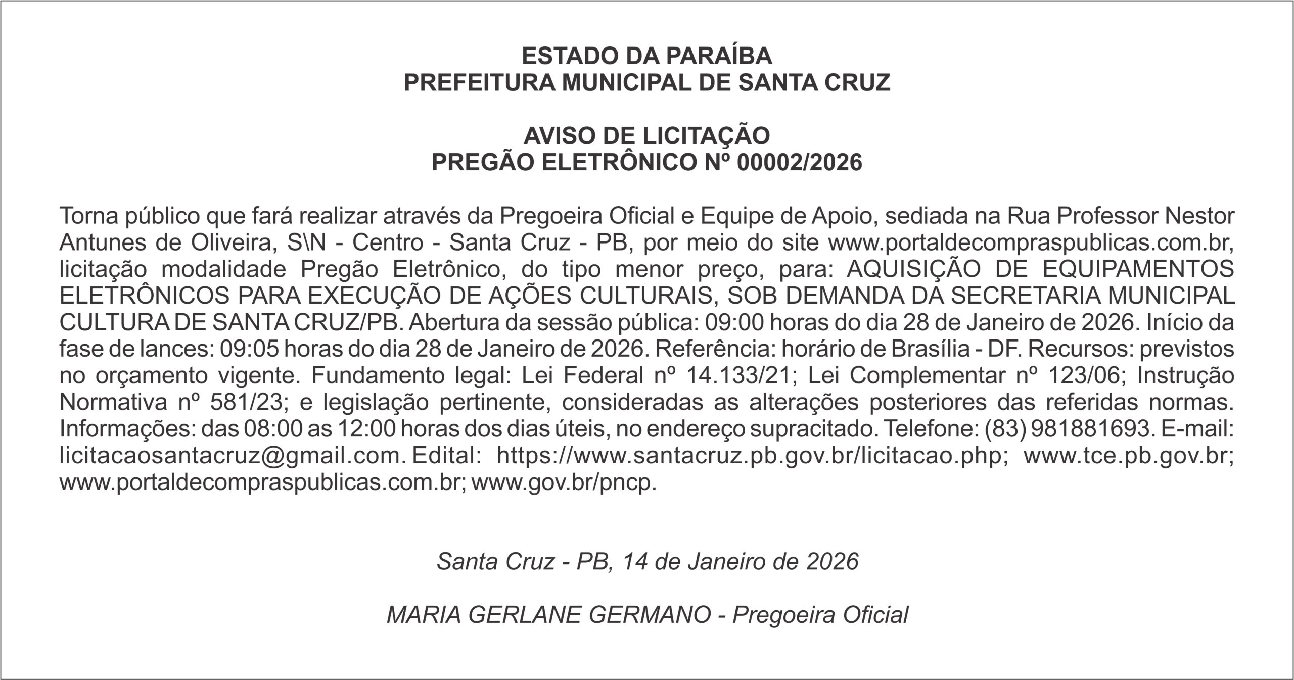 PREFEITURA MUNICIPAL DE SANTA CRUZ – AVISO DE LICITAÇÃO – PREGÃO ELETRÔNICO Nº 00002/2026