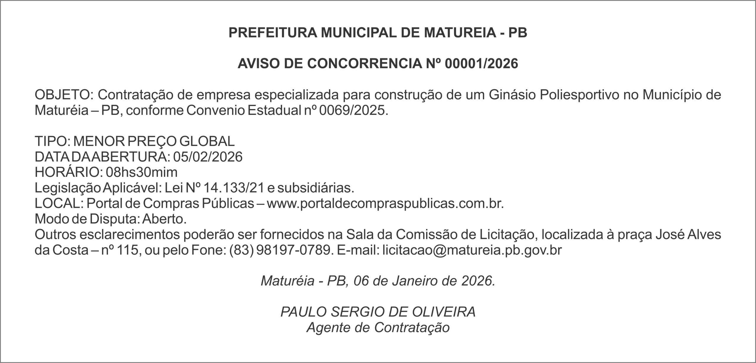 PREFEITURA MUNICIPAL DE MATUREIA – PB – AVISO DE CONCORRENCIA Nº 00001/2026