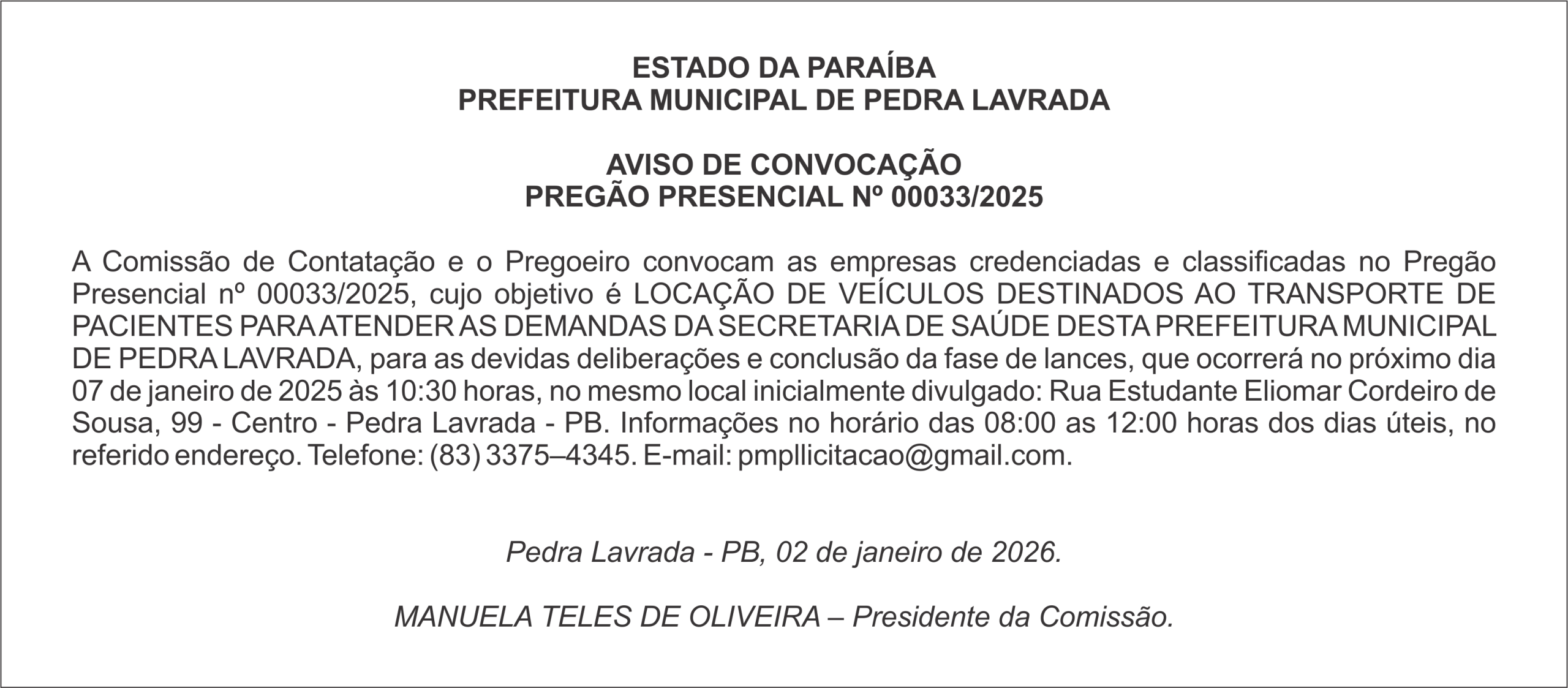 PREFEITURA MUNICIPAL DE PEDRA LAVRADA – AVISO DE CONVOCAÇÃO PREGÃO PRESENCIAL Nº 00033/2025