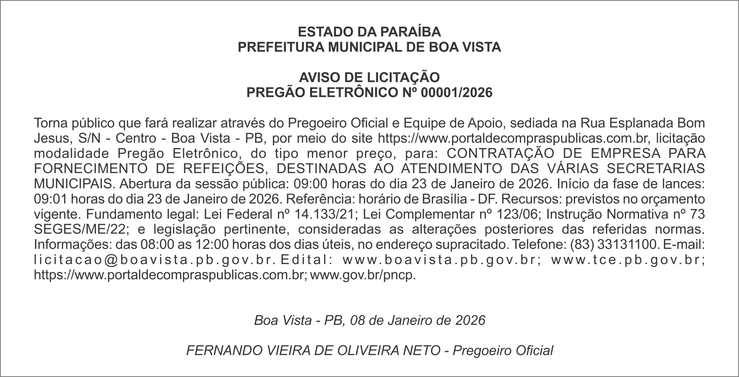 PREFEITURA MUNICIPAL DE BOA VISTA – AVISO DE LICITAÇÃO – PREGÃO ELETRÔNICO Nº 00001/2026