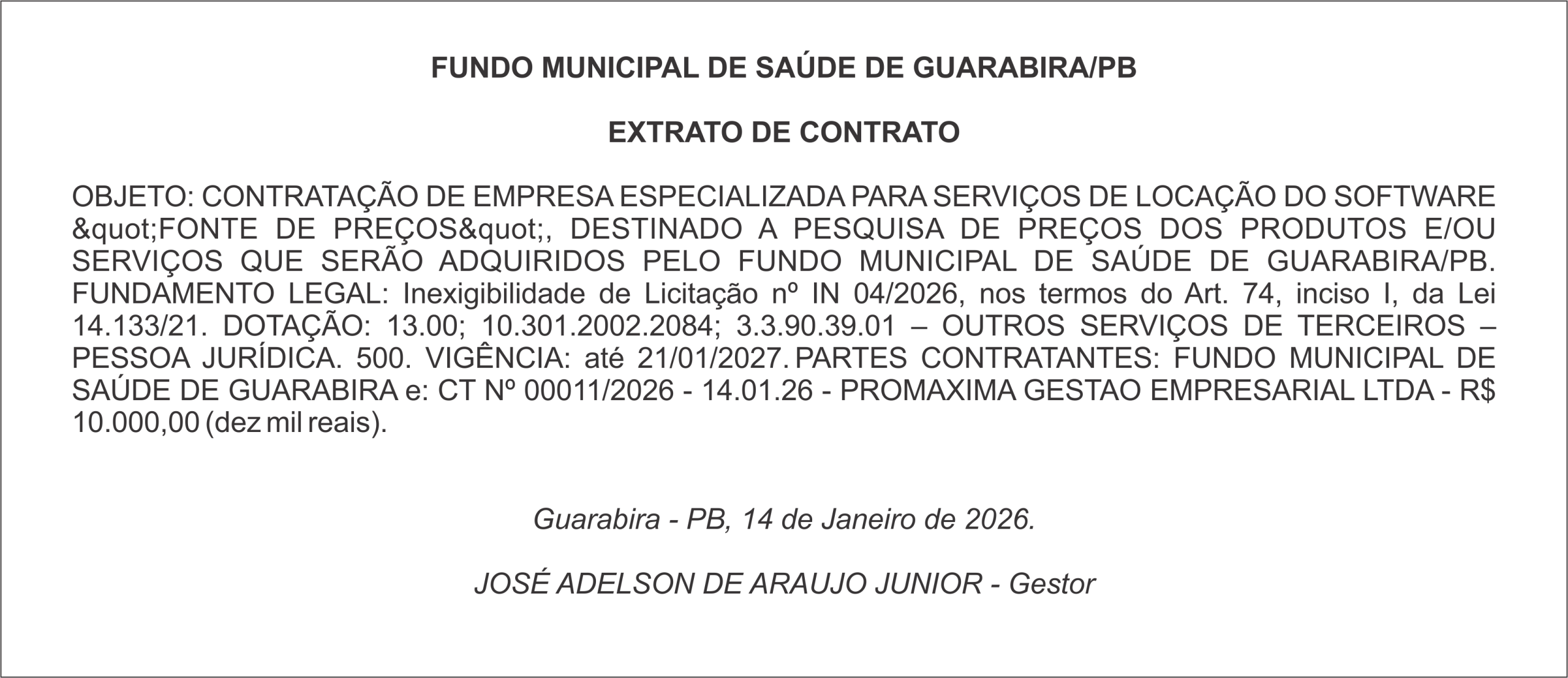 FUNDO MUNICIPAL DE SAÚDE DE GUARABIRA/PB – EXTRATO DE CONTRATO