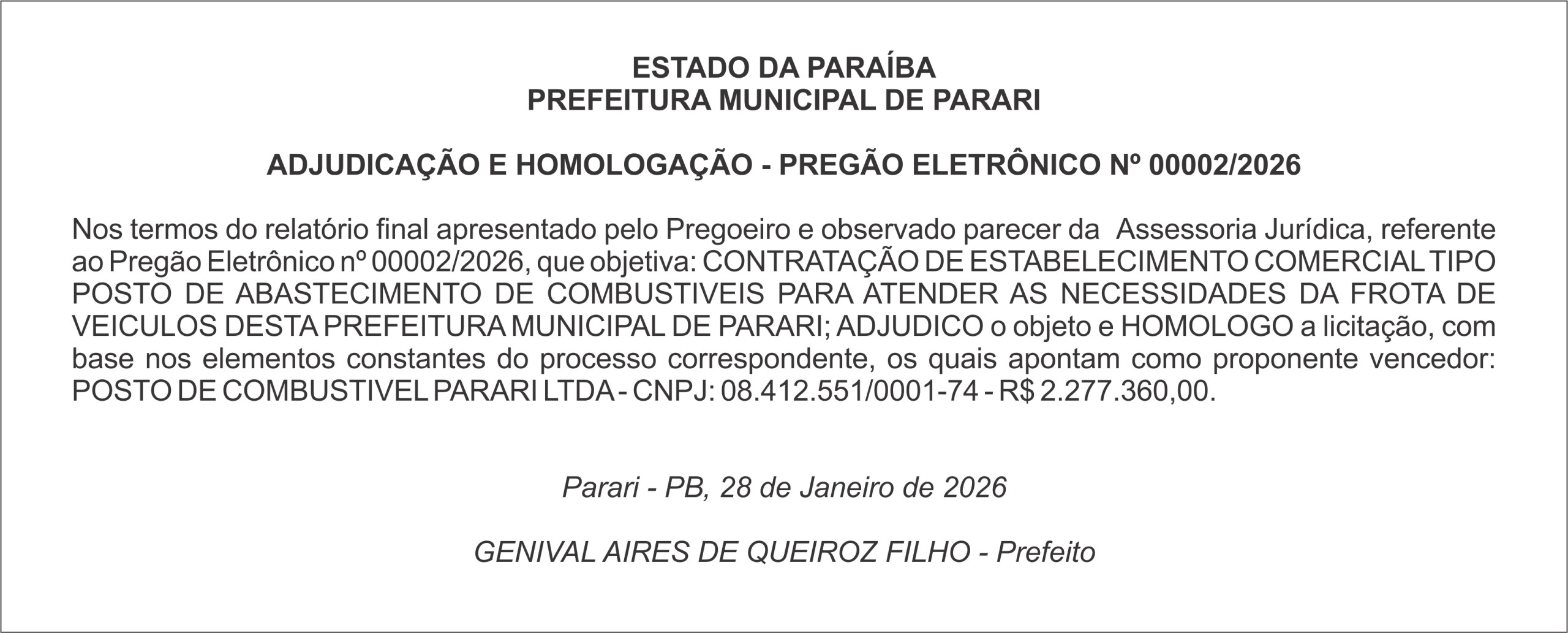 PREFEITURA MUNICIPAL DE PARARI    ADJUDICAÇÃO E HOMOLOGAÇÃO – PREGÃO ELETRÔNICO Nº 00002/2026