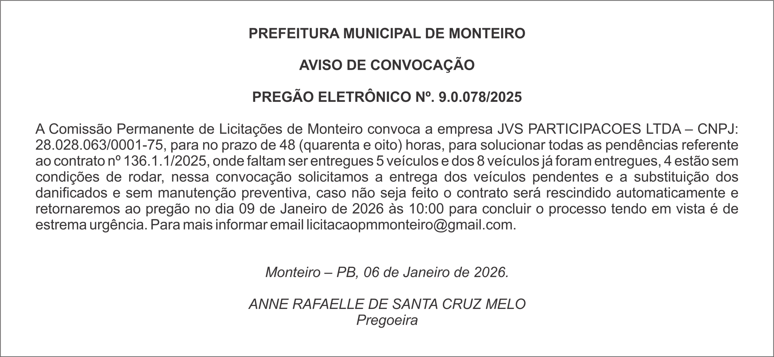 PREFEITURA DE MONTEIRO – AVISO DE CONVOCAÇÃO PREGÃO ELETRÔNICO Nº. 9.0.078/2025